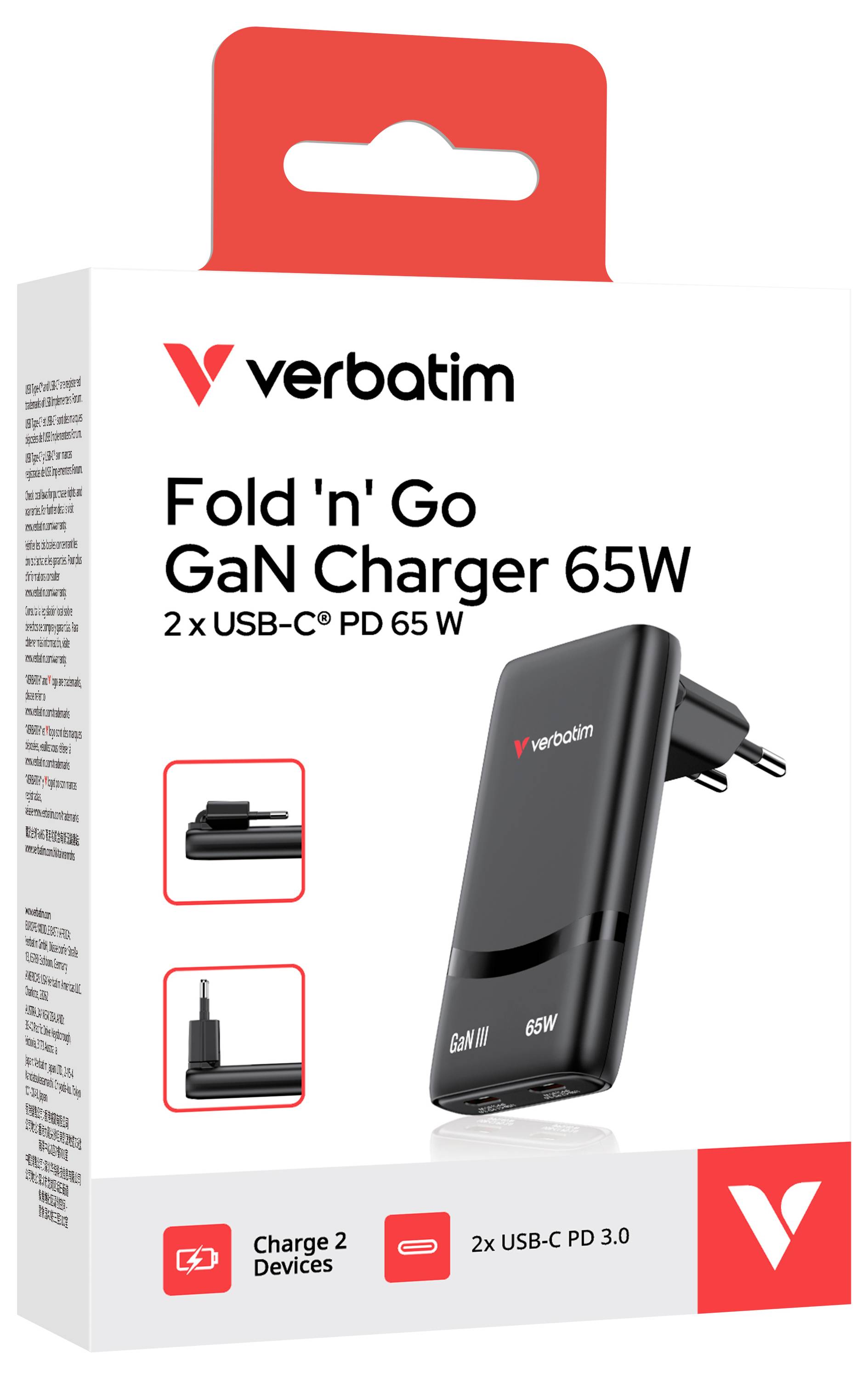 Verbatim Fold 'n' Go GaN-Ladegerät 65W Verpackung mit schwarzem klappbarem USB-C-Ladegerät und 
