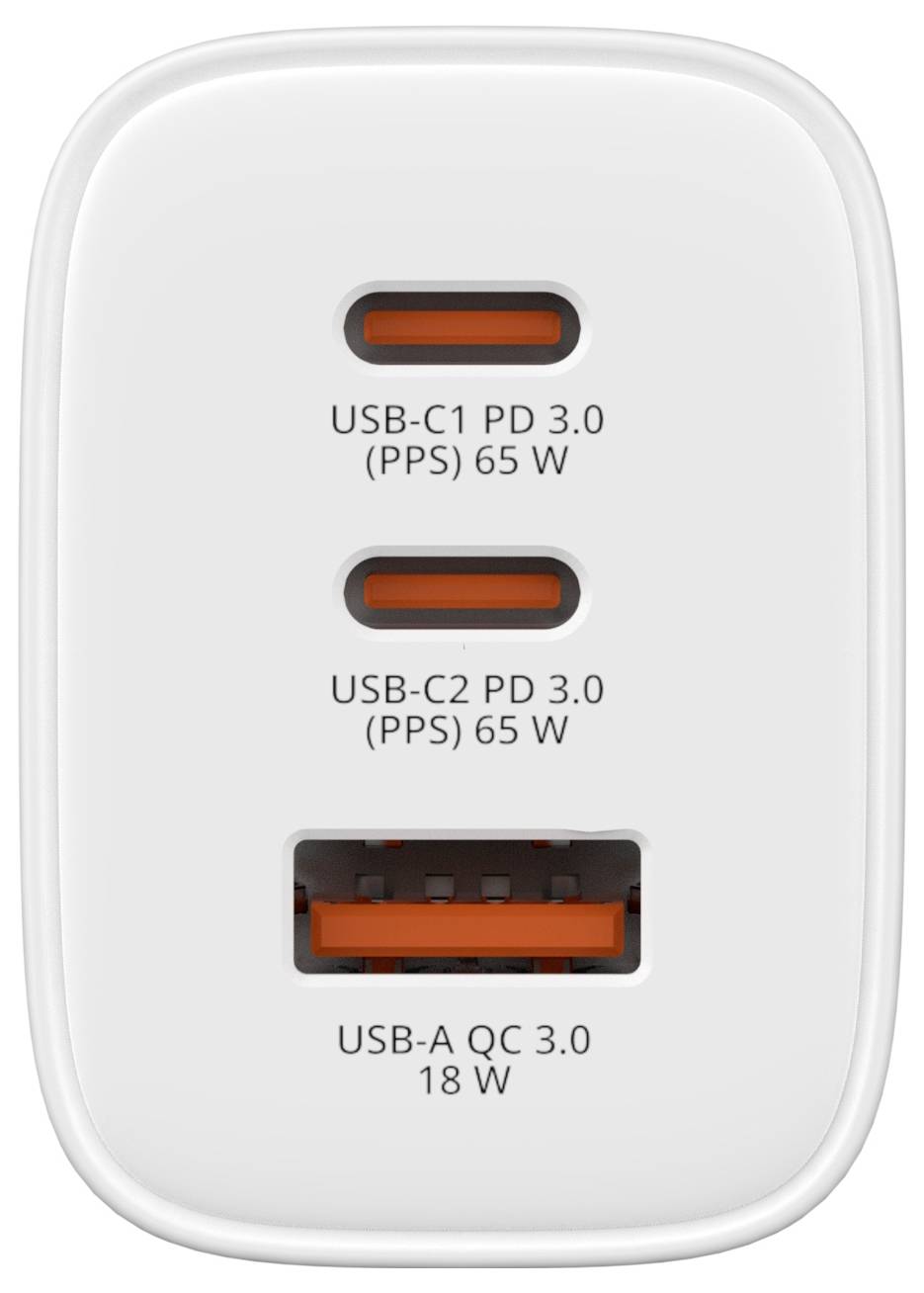 Weißes Wandladegerät mit zwei USB-C-Anschlüssen mit der Bezeichnung „USB-C1 PD 3.0 (PPS) 65 W