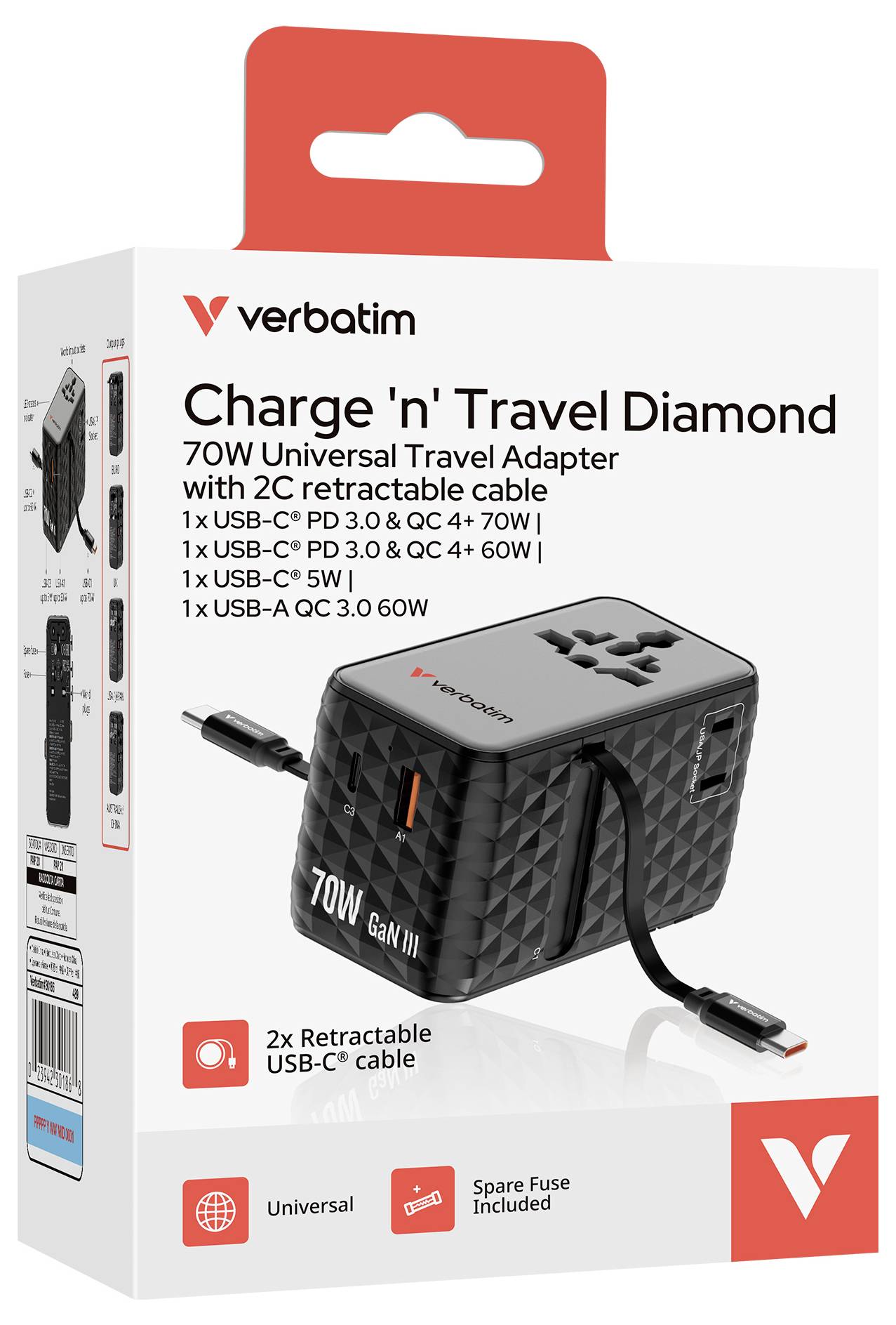 Verbatim Charge 'n' Travel Diamond 70W universeller Reiseadapter mit 2 ausziehbaren USB-C-Kabeln und enthaltener Ersatzsicherung