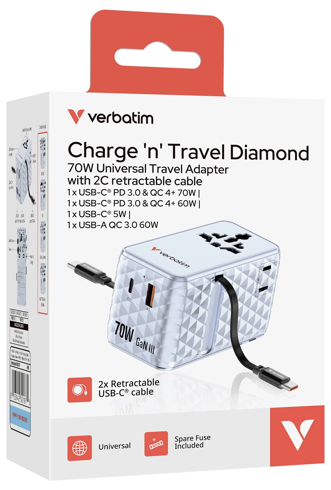 Verbatim Charge 'n' Travel Diamond 70W universales Reiseladegerät mit einziehbarem Kabel und mehreren USB-Anschlüssen, dargestellt auf der Produktverpackung.