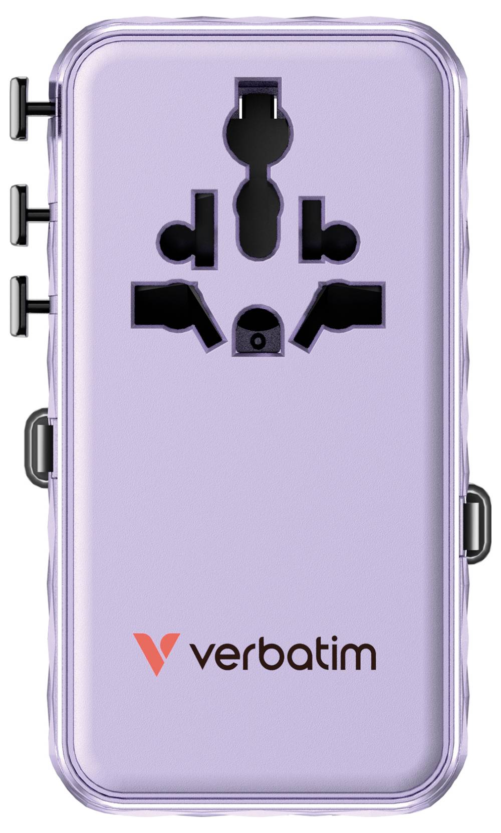 Universeller Reiseadapter Purple Verbatim mit mehreren Steckdosenöffnungen und Seitenstiften für internationale Stromverbindungen.