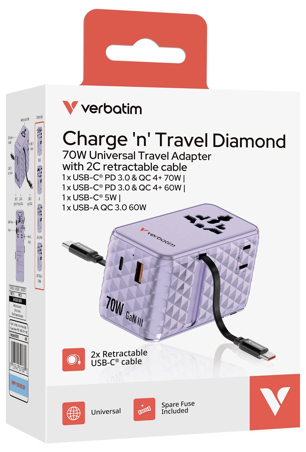 Box für Verbatim Charge 'n' Travel Diamond 70W universelles Reise-Netzteil mit 2 einziehbaren USB-C-Kabeln, 3 USB-C-Anschlüssen, 1 USB-A-Anschluss und enthaltenem Ersatzsicherung.