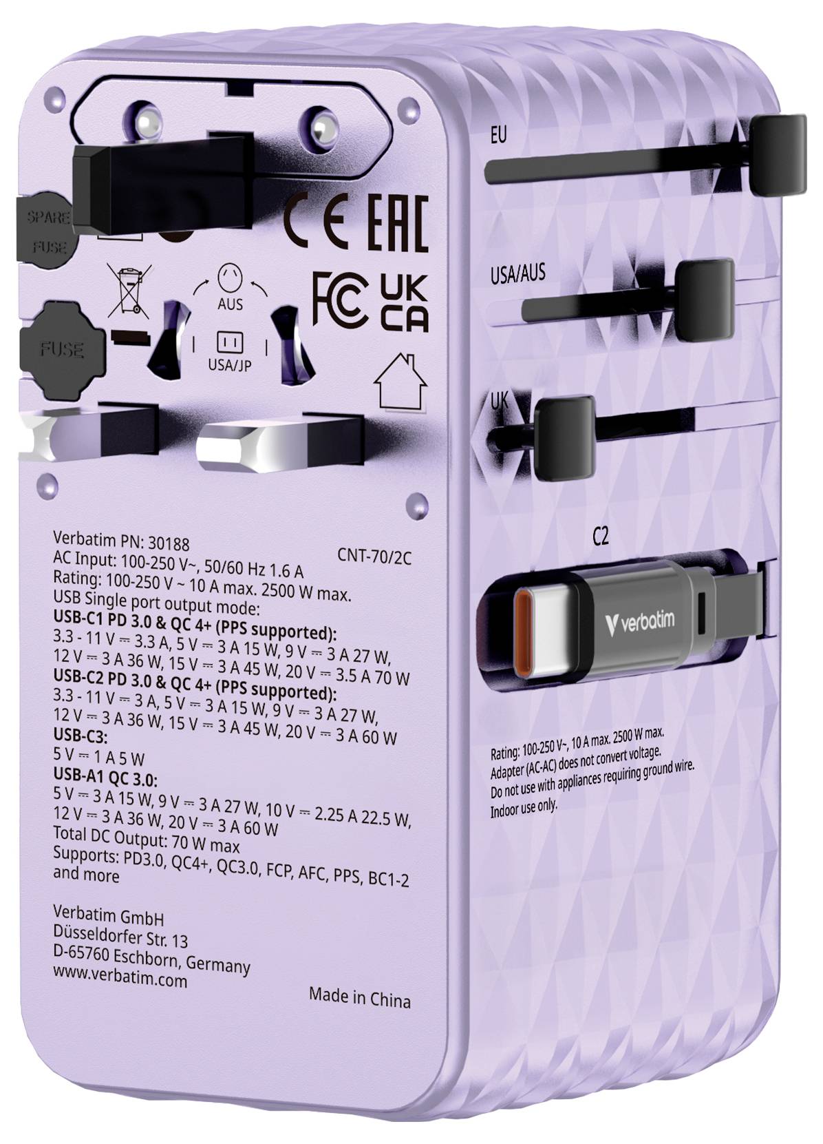 Lila Multi-Land-Stromadapter/Ladegerät mit ausfahrbaren Steckern und USB-Anschlüssen, auf der Vorderseite werden Spannungs- und USB-Ausgabespezifikationen angezeigt.