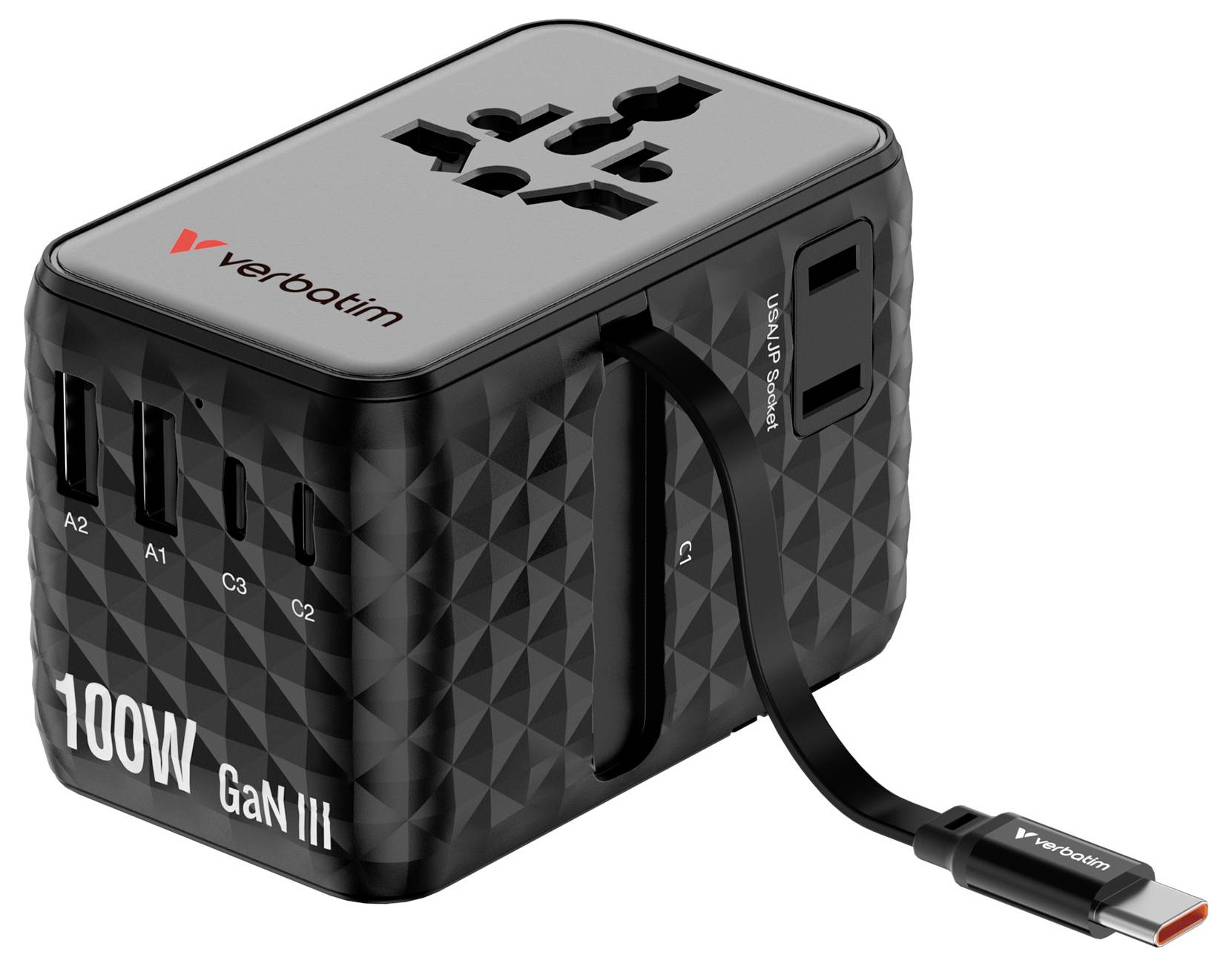 Verbatim 100W GaN III universeller Reiseadapter mit mehreren USB-Anschlüssen und angeschlossenem USB-C-Kabel.