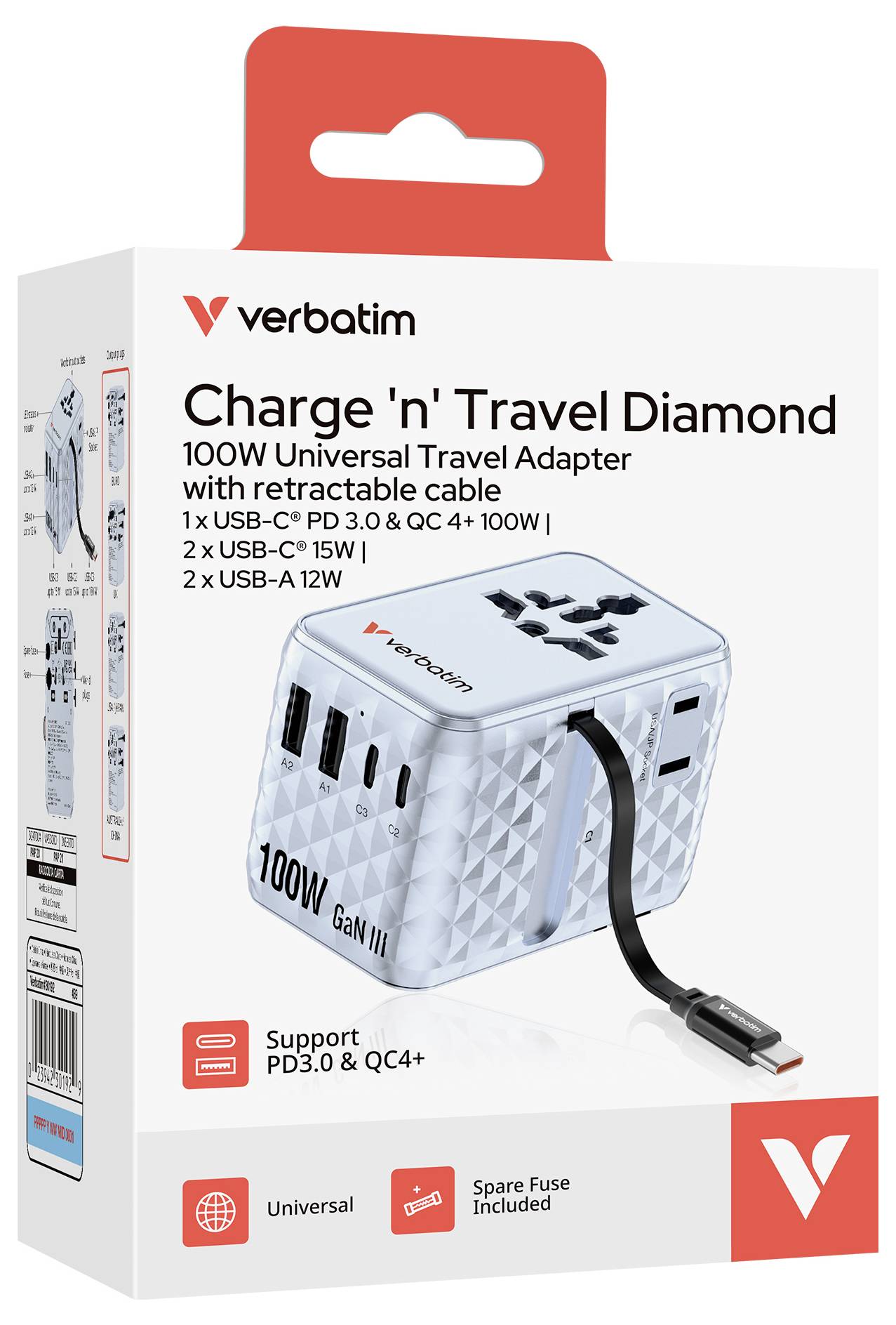 Verbatim Charge 'n' Travel Diamond 100W universelles Reiseladegerät mit ausfahrbarem Kabel, 2 USB-C, 1 USB-A und Unterstützung für PD3.0 und QC4+.