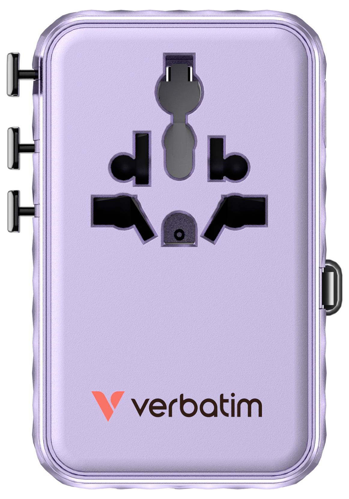 Violetter Verbatim Universal-Reiseadapter mit mehreren Steckdosen und „Verbatim
