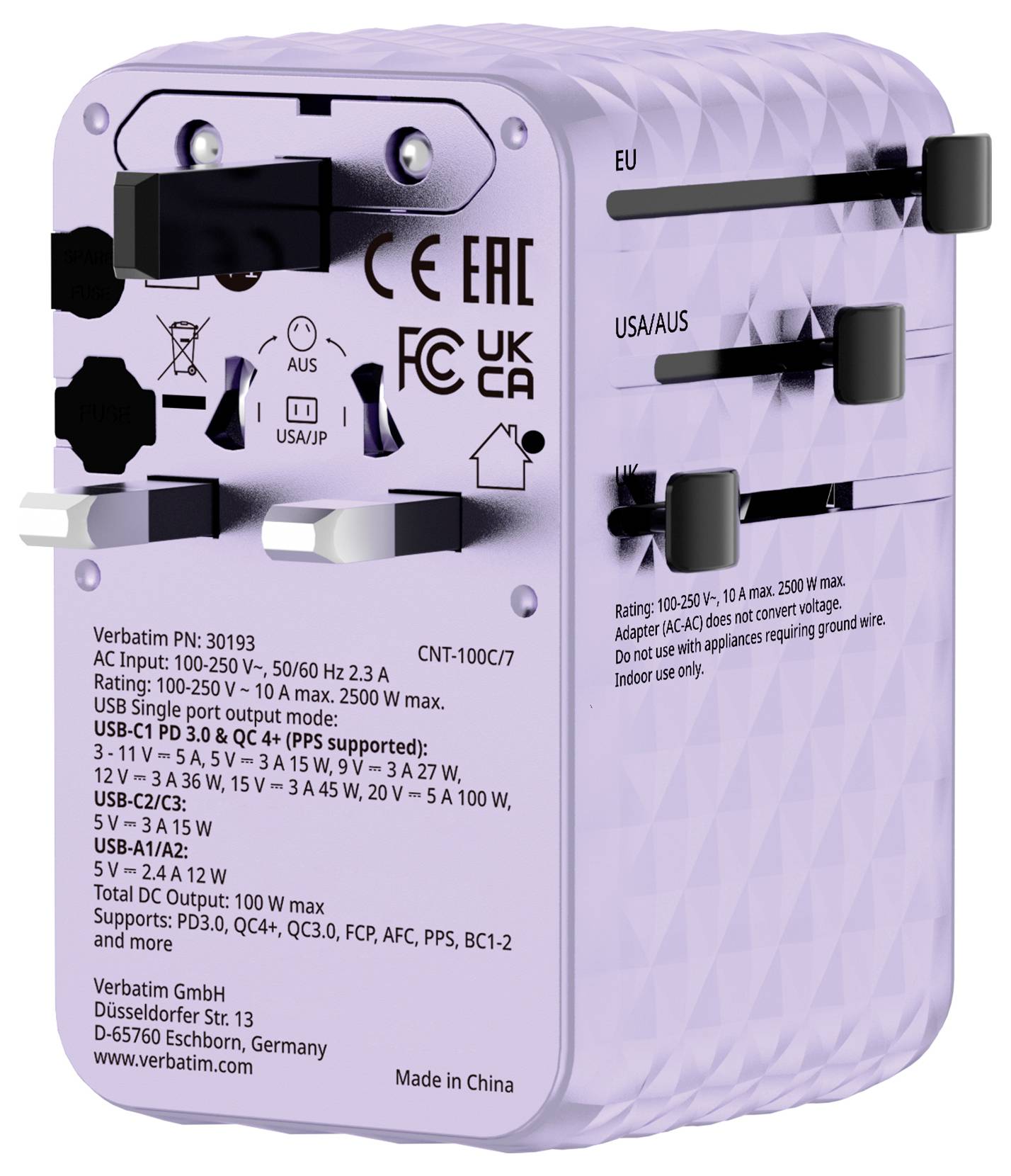 Purple Verbatim Wandladegerät mit mehreren Steckertypen und USB-C/USB-A-Anschlüssen, gekennzeichnet bis zu 100W, für internationales Schnellladen.