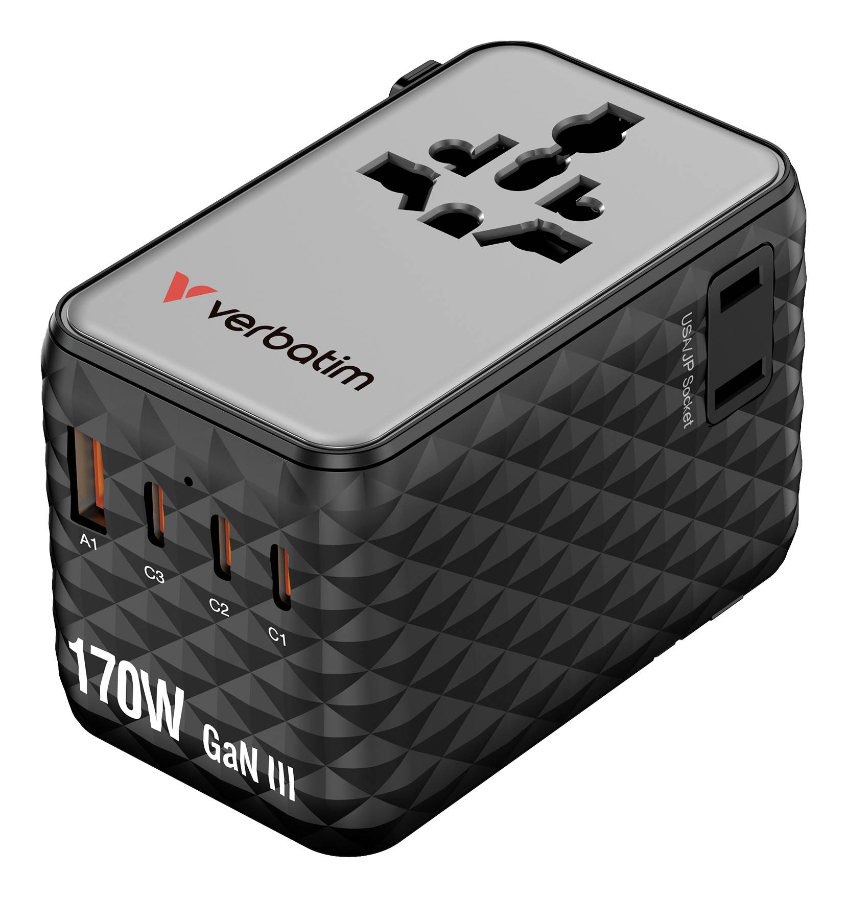 Verbatim 170W GaN III universeller Reiseadapter mit mehreren USB-C-/USB-A-Anschlüssen und AC-Steckdose.