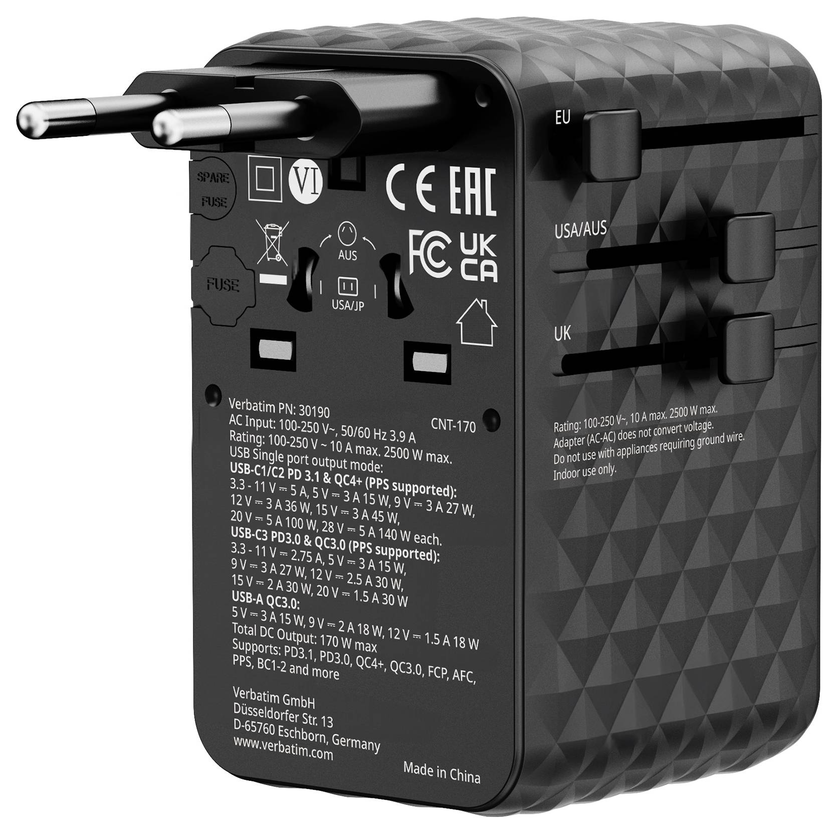 Universeller Reiseadapter mit Wahlschaltern für EU-, USA/AUS- und UK-Stecker und mehreren USB-Ladeanschlüssen mit Leistungsangaben auf der Vorderseite.
