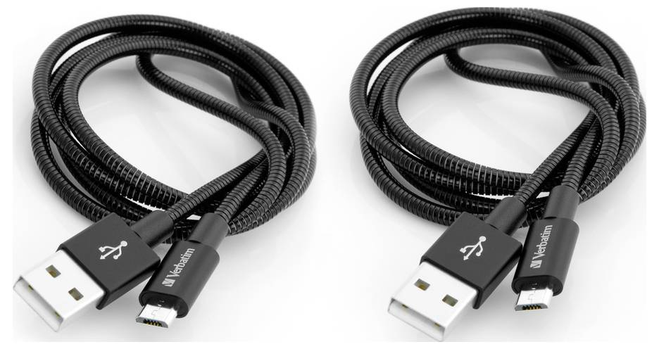 Two black braided USB charging cables coiled side by side, each with a USB-A connector and a micro-USB end.