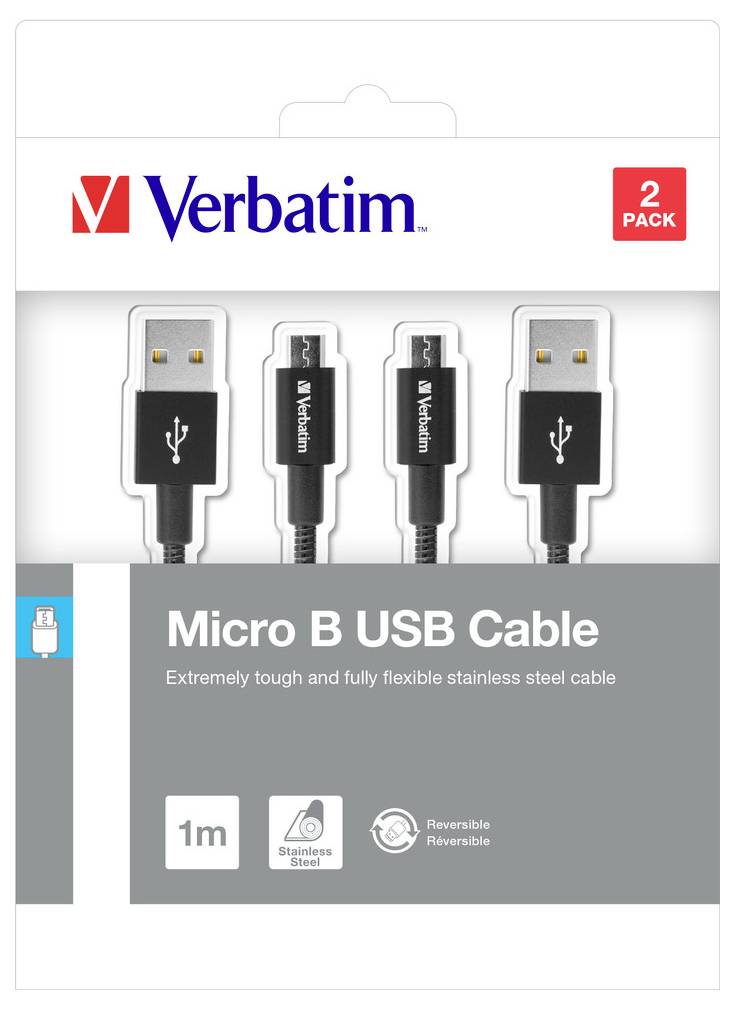 Verbatim 2er-Pack Micro-B-USB-Kabel Verpackung mit zwei schwarzen Edelstahl-Reversiblekabeln, 1 m Länge.