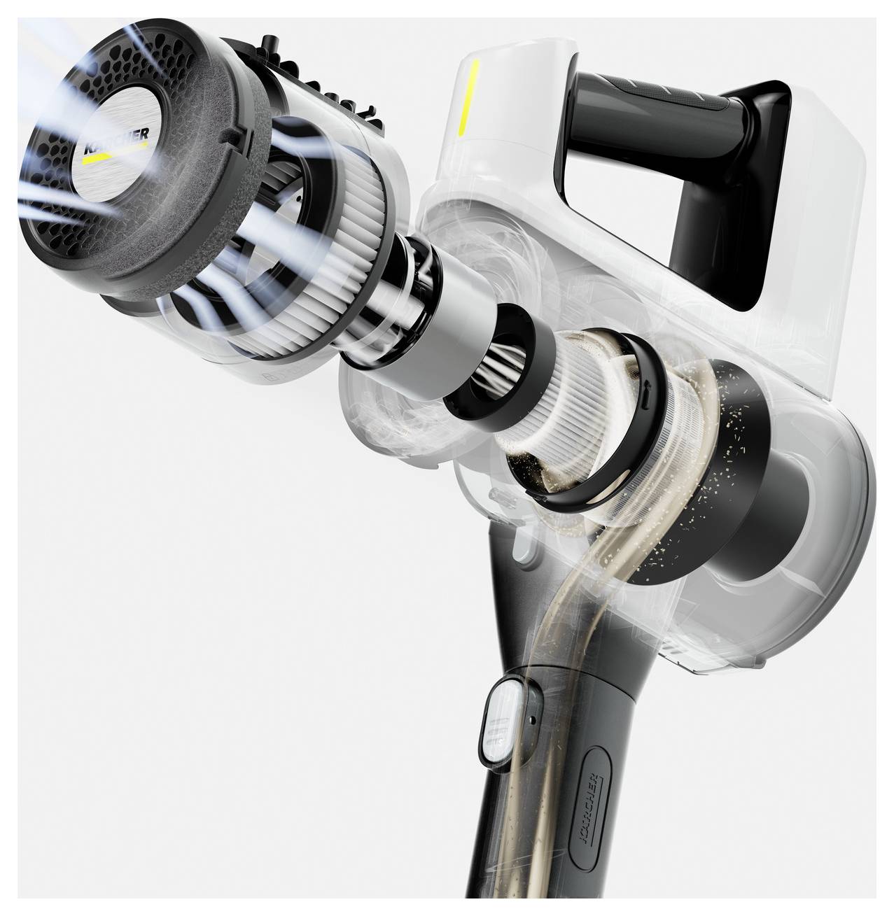 Schnittansicht eines Staubsaugers zeigt interne Komponenten, einschließlich des Filters und des Saugmechanismus, und demonstriert den Luftstrom und den Filtrationsprozess.