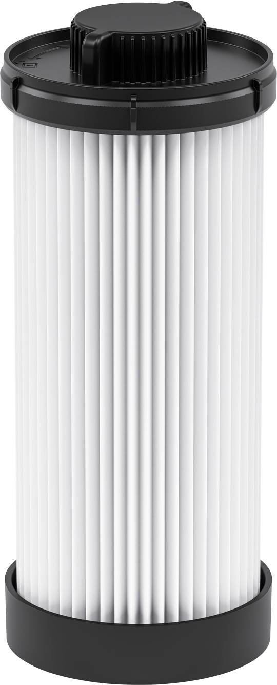 Ein zylindrischer Luftfilter-Filtereinsatz aus gefaltetem weißem Material und schwarzen Kunststoffendkappen, der zu Filtrationszwecken in Geräten verwendet wird.