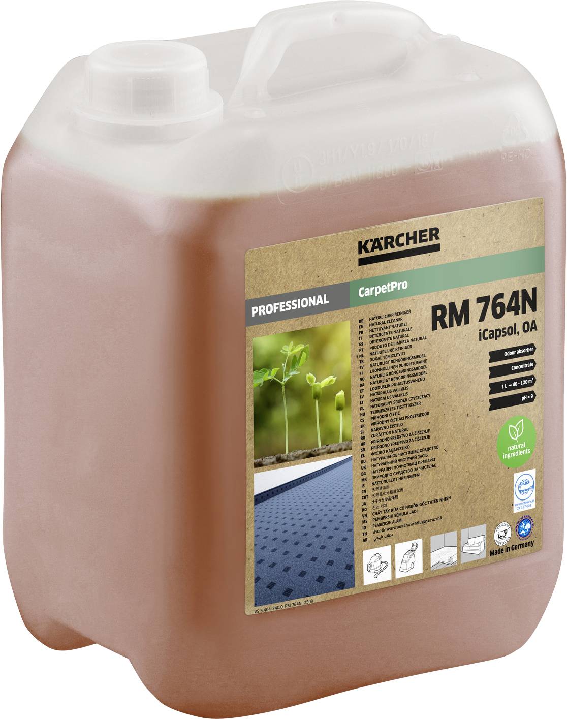Ein großer Behälter mit der Beschriftung „Kärcher Professional CarpetPro RM 764N iCapsol OA