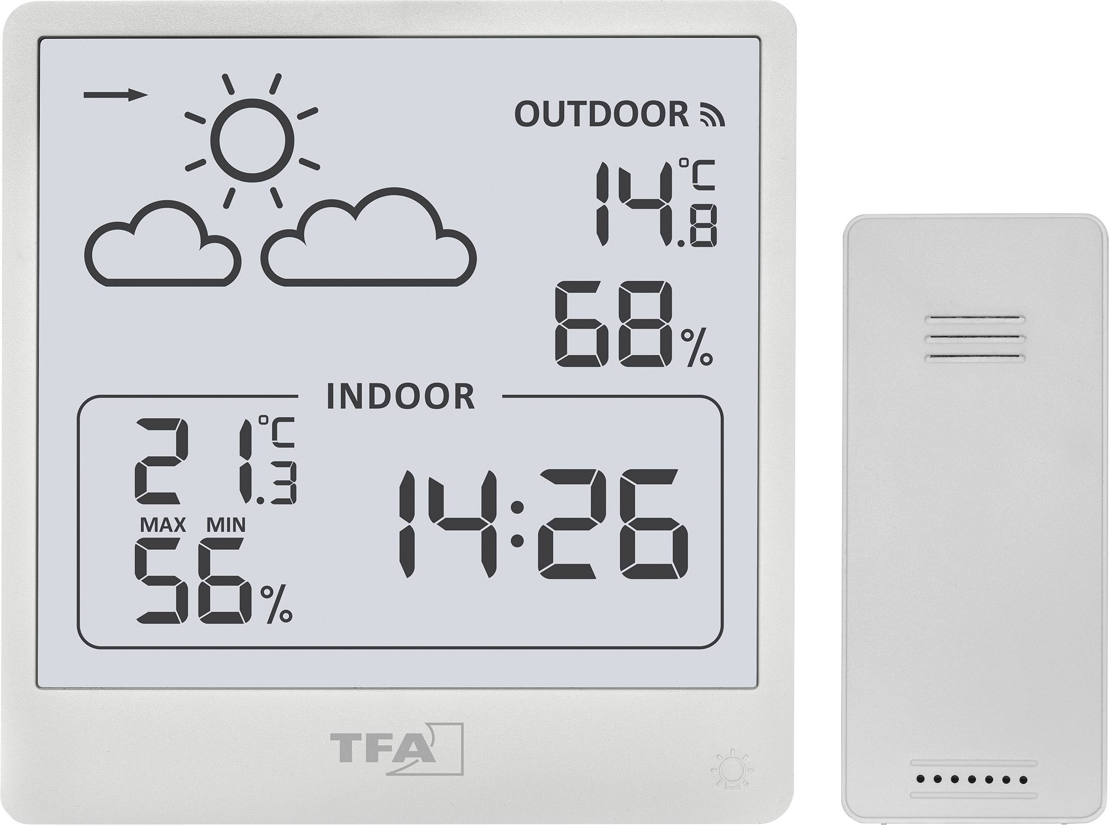 Digitales Thermometer zeigt Außentemperatur von 14,8°C mit 68% Luftfeuchtigkeit, Innentemperatur von 21,3°C mit 56% Luftfeuchtigkeit und Uhrzeit 14:26.