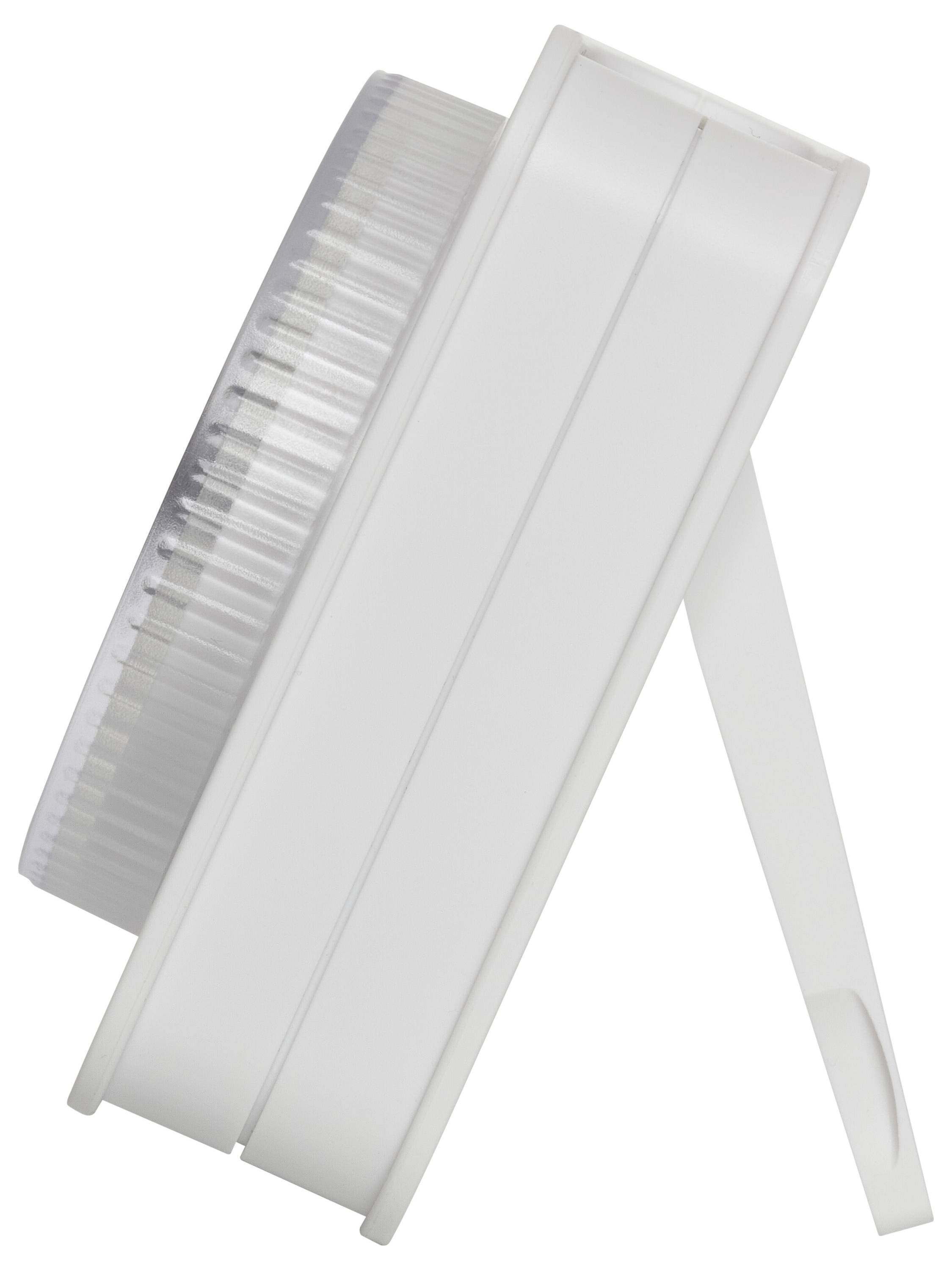 Seitenansicht eines weißen kreisförmigen Geräts mit geripptem Rand, mit ausklappbarem Ständer zur Unterstützung.