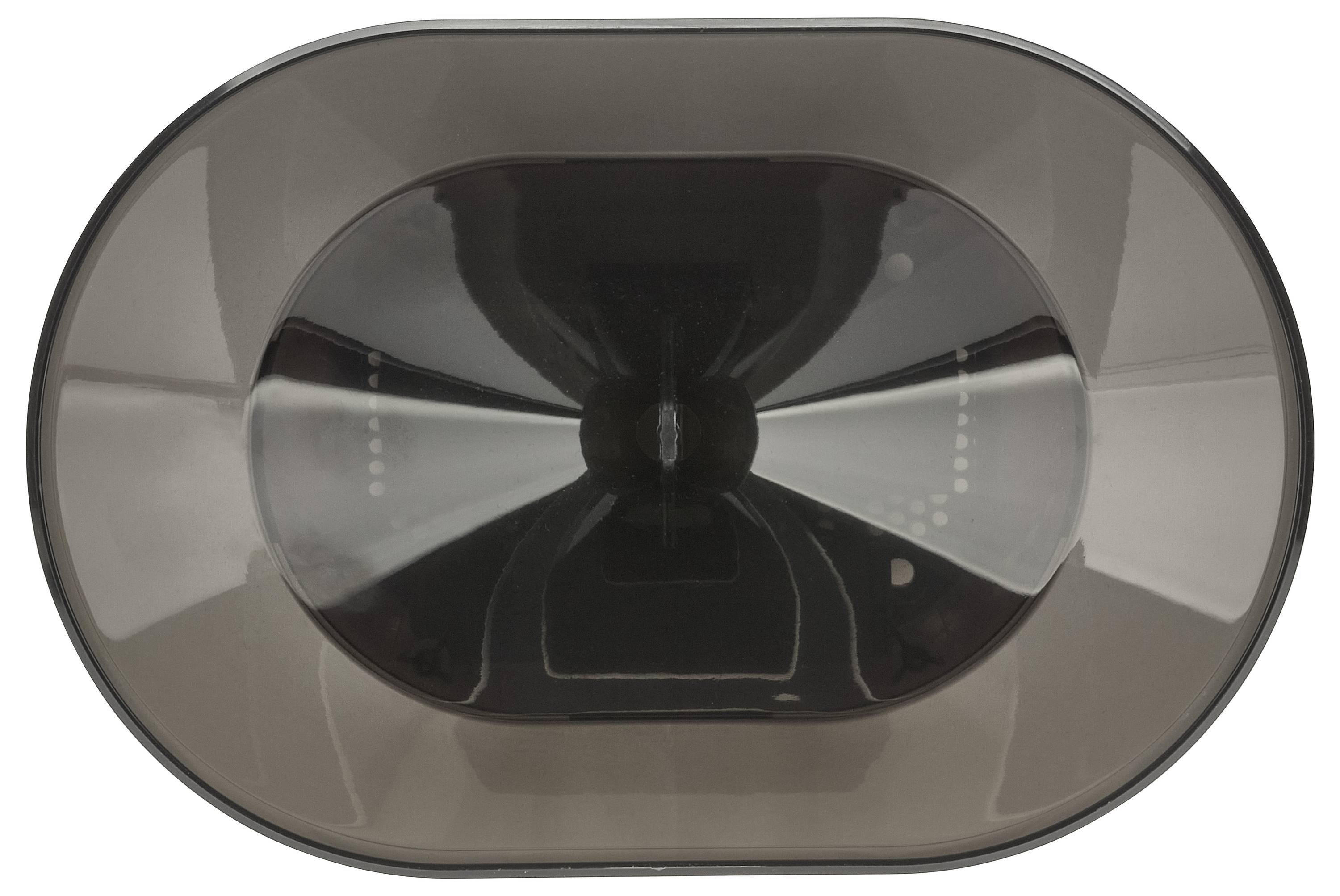 Ein dunkelgraues, glattes, ovales Objekt mit einer reflektierenden Oberfläche, das von oben betrachtet einer flachen Schüssel oder Schale ähnelt.