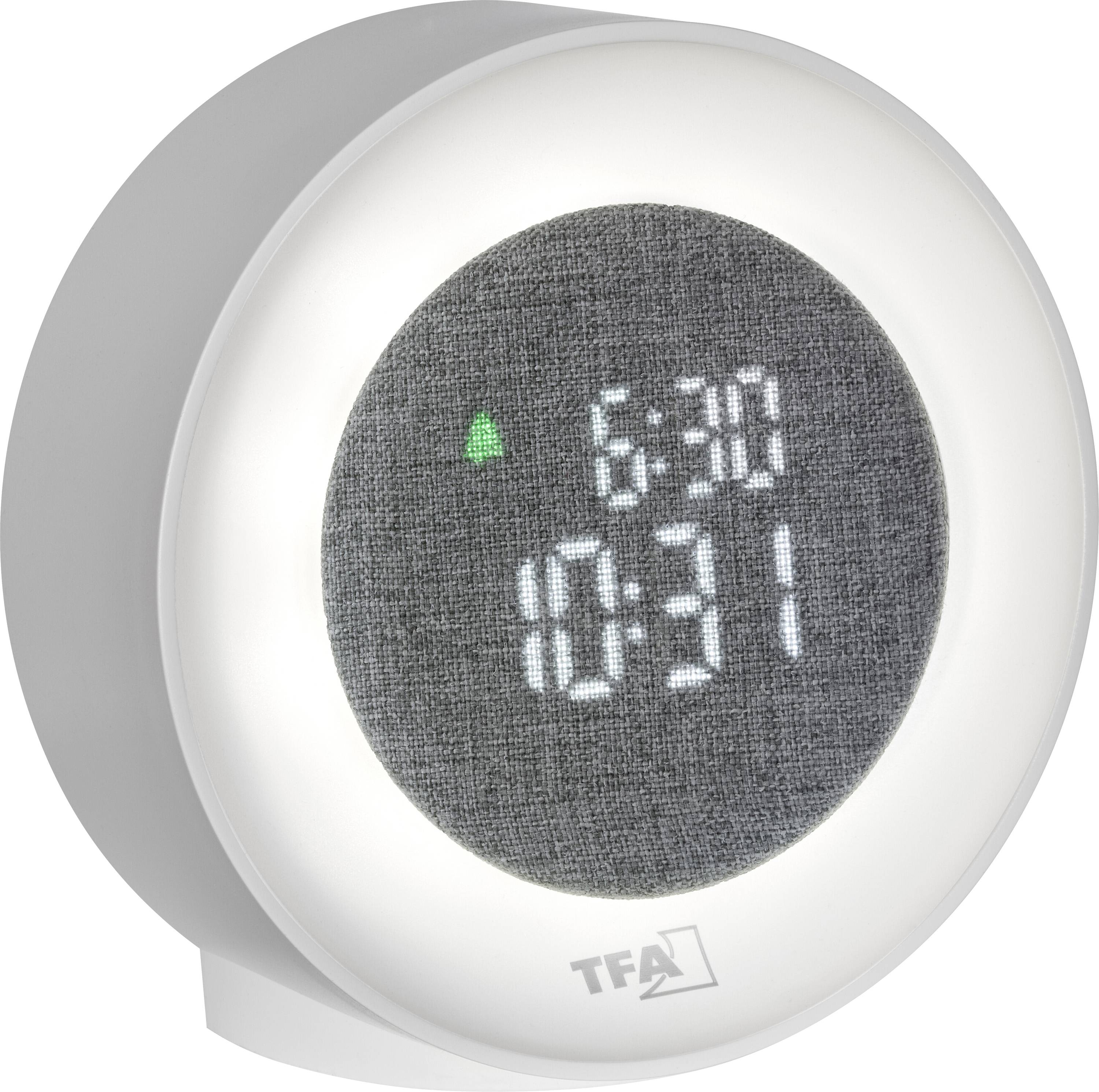 Ein digitaler weißer Wecker, der die Uhrzeit 