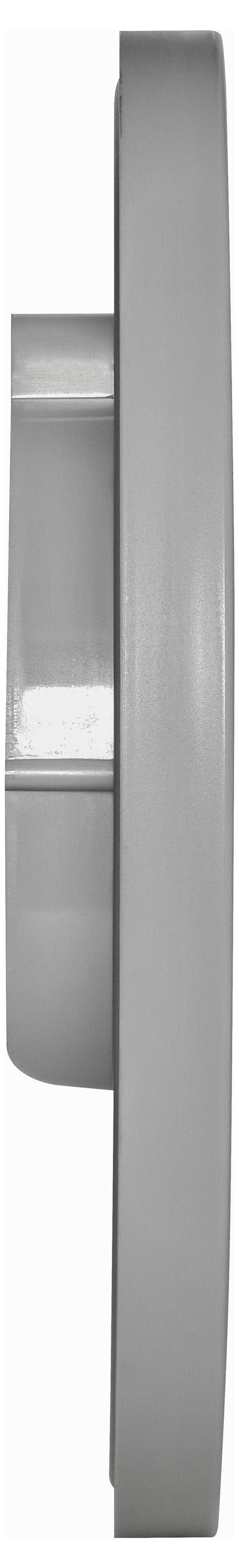 Das Bild zeigt eine Seitenansicht einer Wanduhr aus gebürstetem Nickel mit einem einfachen, abgerundeten Design. Das Zifferblatt ist nicht sichtbar.