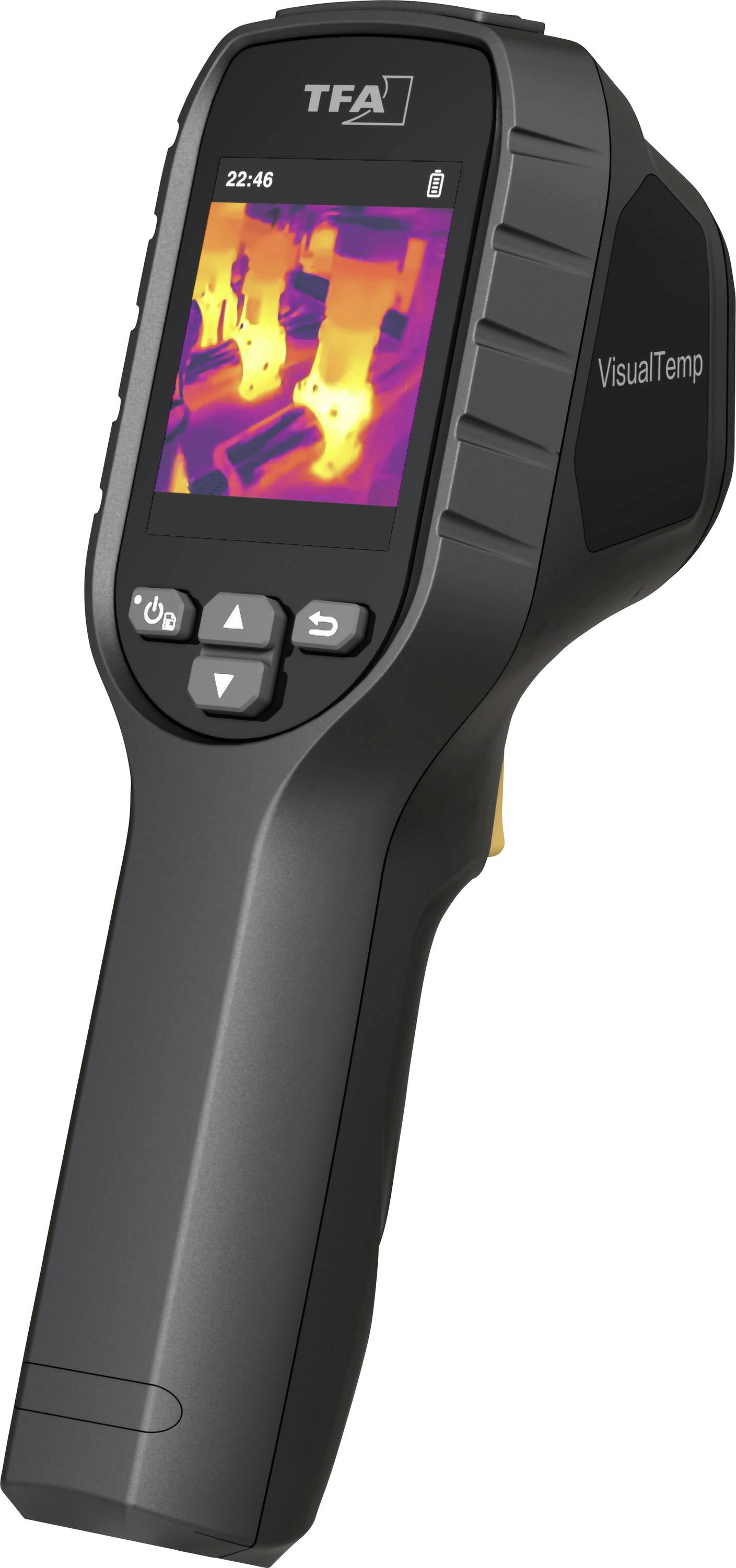 Eine tragbare Wärmebildkamera zeigt eine Wärmekarte auf ihrem Bildschirm an, die Temperaturunterschiede in einer mechanischen Umgebung darstellt.