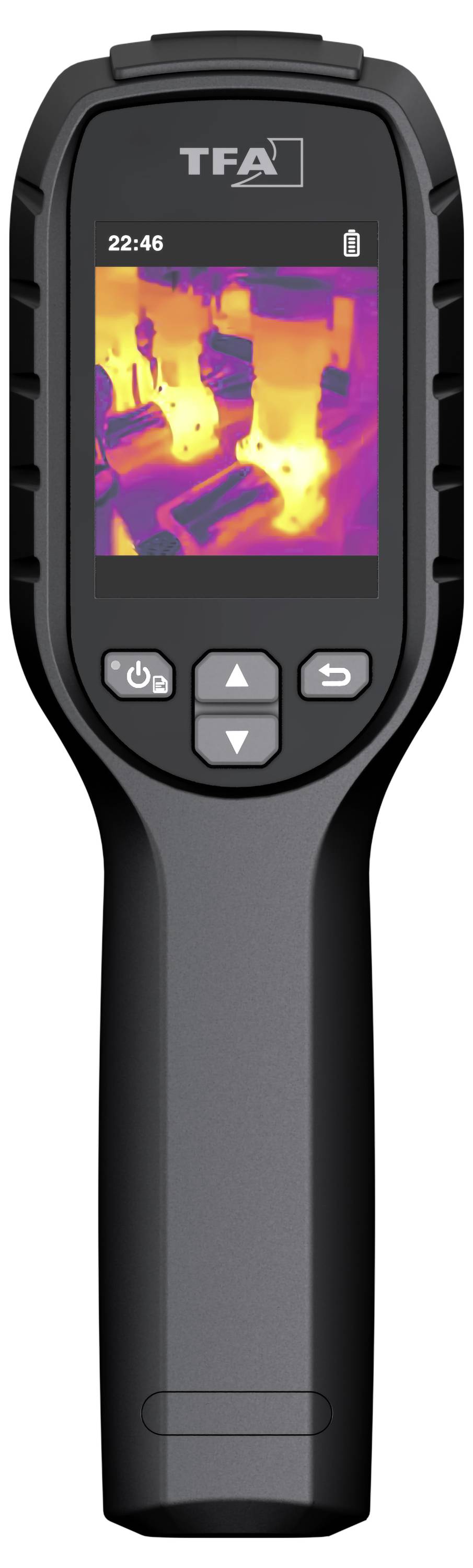 Eine tragbare Wärmebildkamera mit einem Bildschirm, auf dem ein farbiges Infrarotbild verschiedener Objekte in Orange- und Violetttönen angezeigt wird.