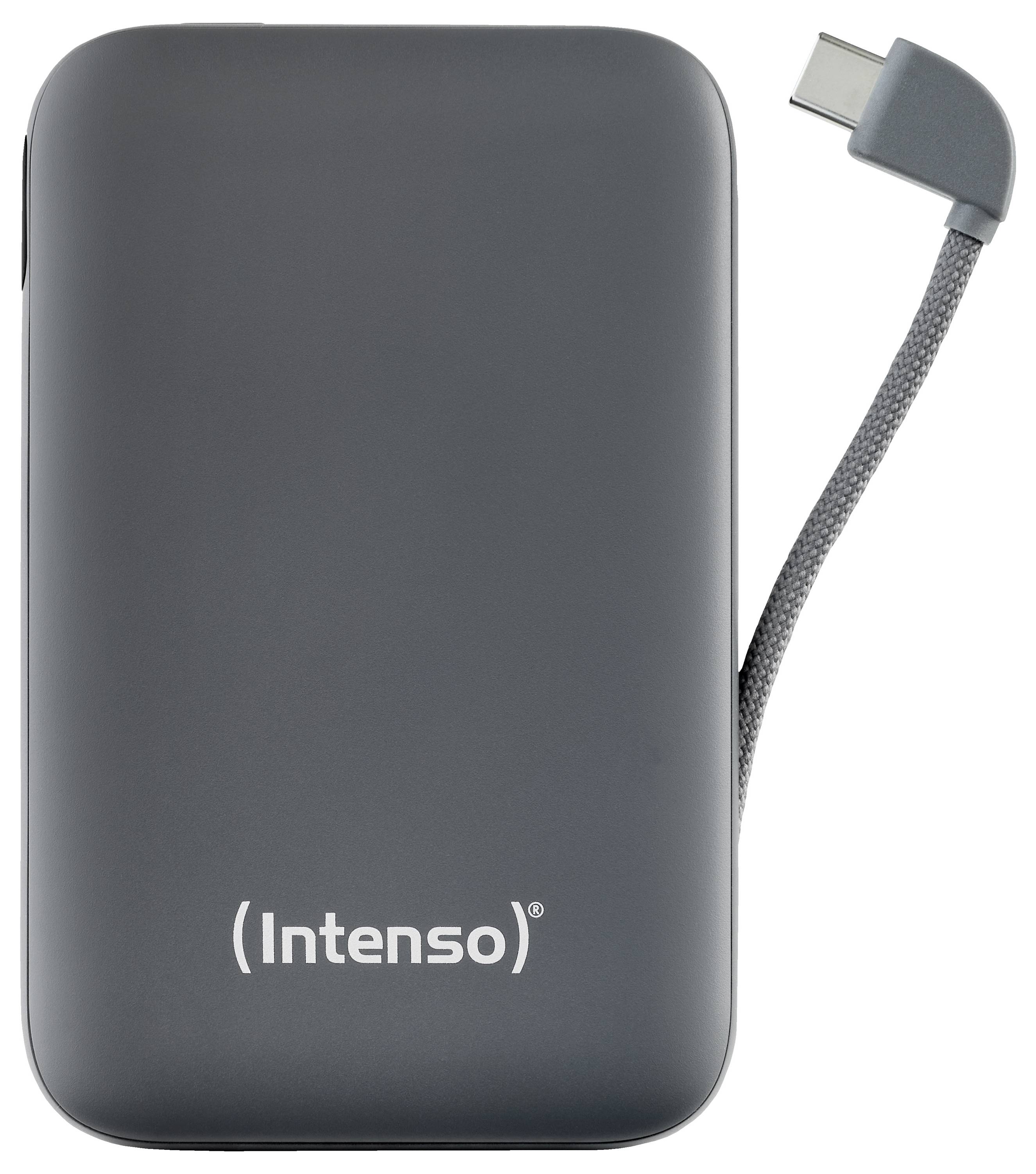 Ein elegantes, schwarzes tragbares Intenso-Externe Festplatte mit einem angebrachten kurzen USB-C-Kabel oben rechts, entwickelt zur Datenspeicherung.