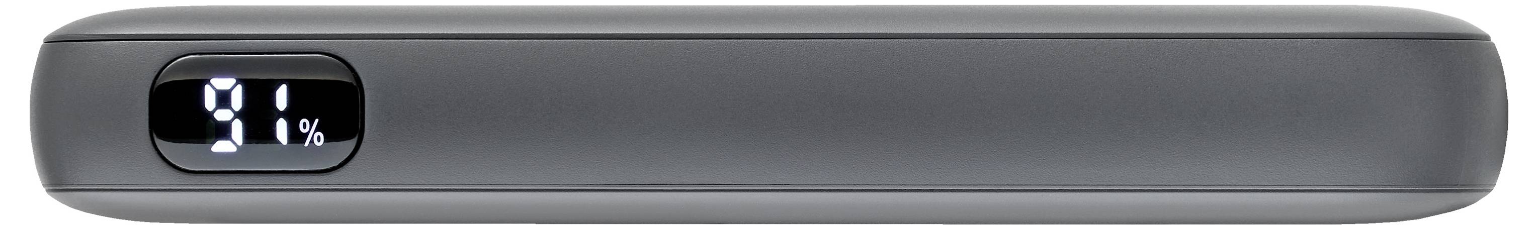 Eine schwarze rechteckige Powerbank mit einem kleinen Display, das „91 %