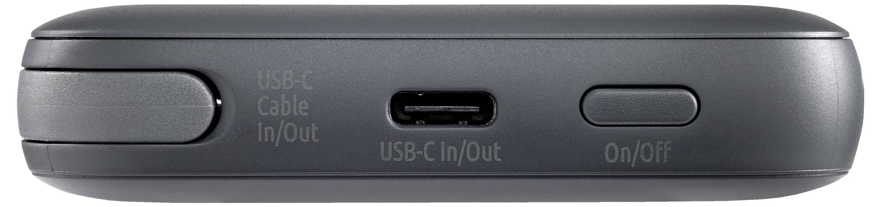 Ein schwarzes elektronisches Gerät mit einem USB-C-Anschluss, der mit „USB-C Ein/Aus