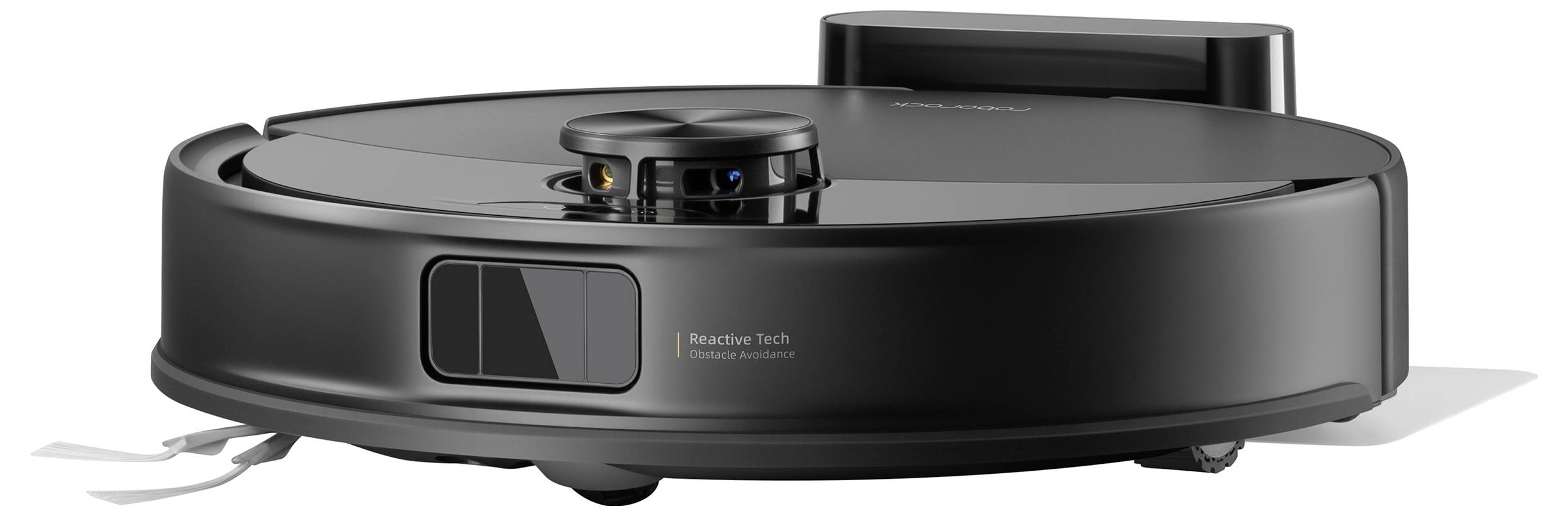 Ein eleganter schwarzer Roboterstaubsauger mit einem Navigationssensor oben, entworfen für automatisierte Bodenreinigung, wird vor weißem Hintergrund gezeigt.