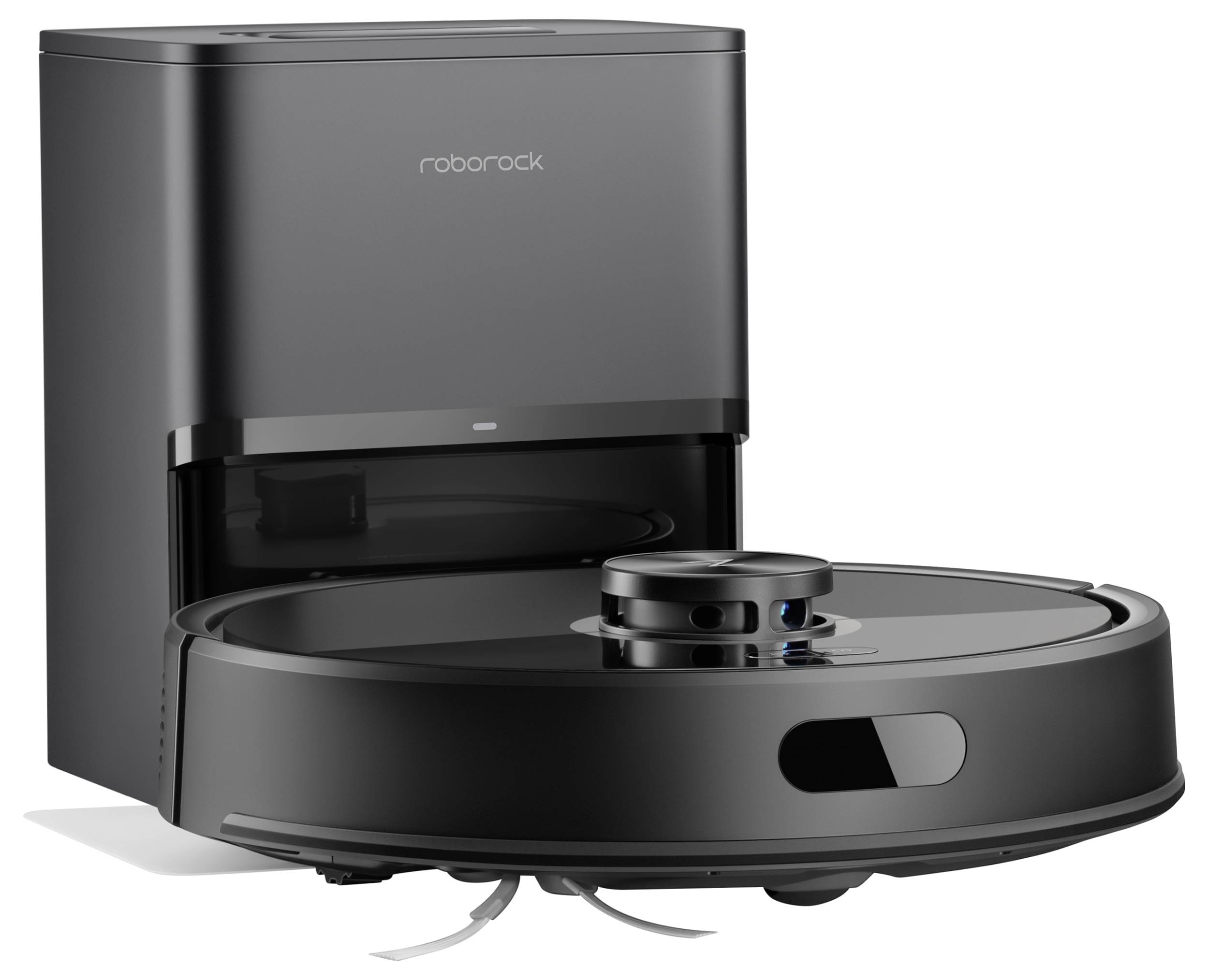 Roboterreiniger mit Dockingstation, mit schlankem schwarzem Design, das automatisierte Reinigungs- und Ladefunktionalität anzeigt.