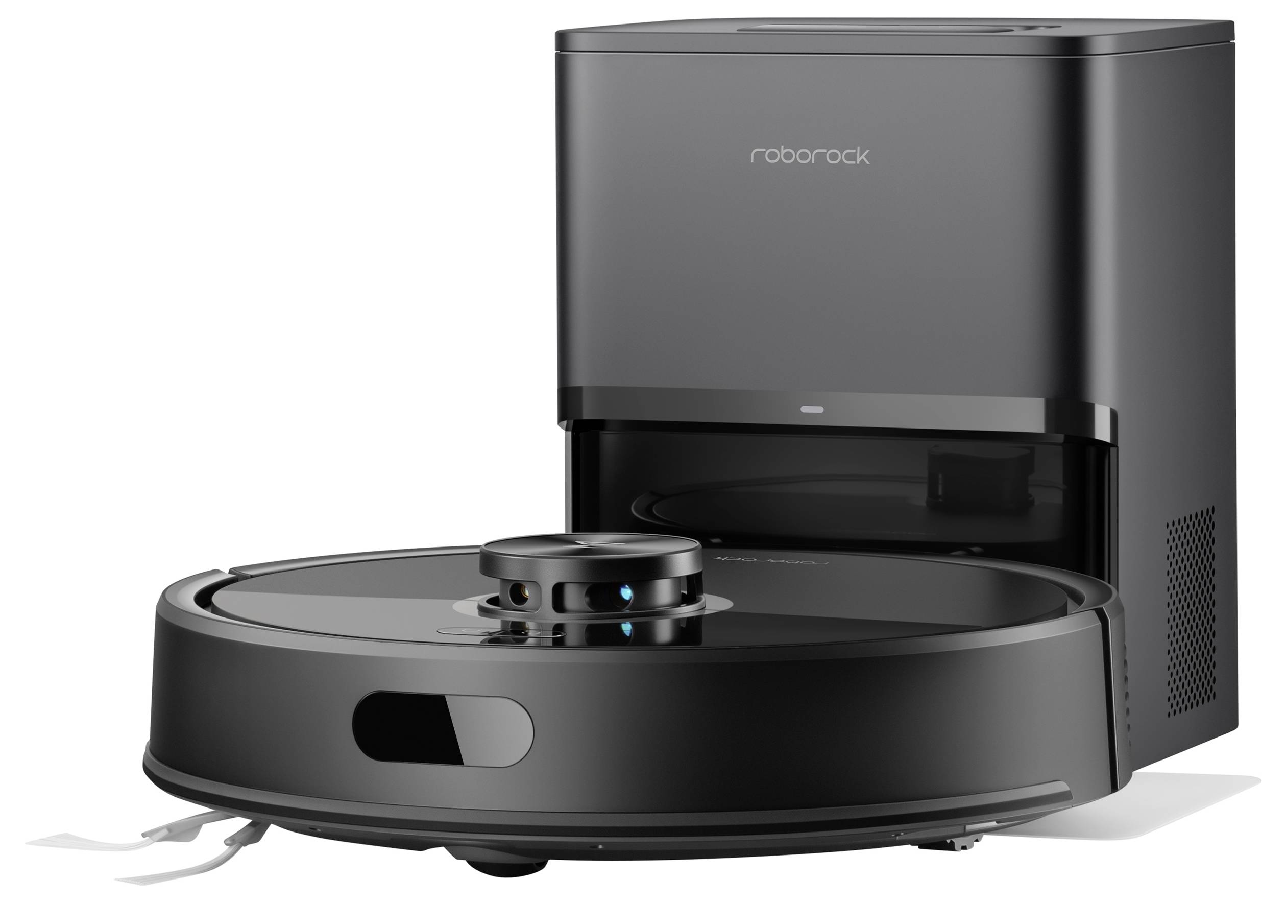 Autonomer Roboterstaubsauger vor seiner Ladestation positioniert, entwickelt für die automatisierte Reinigung von Wohnräumen.