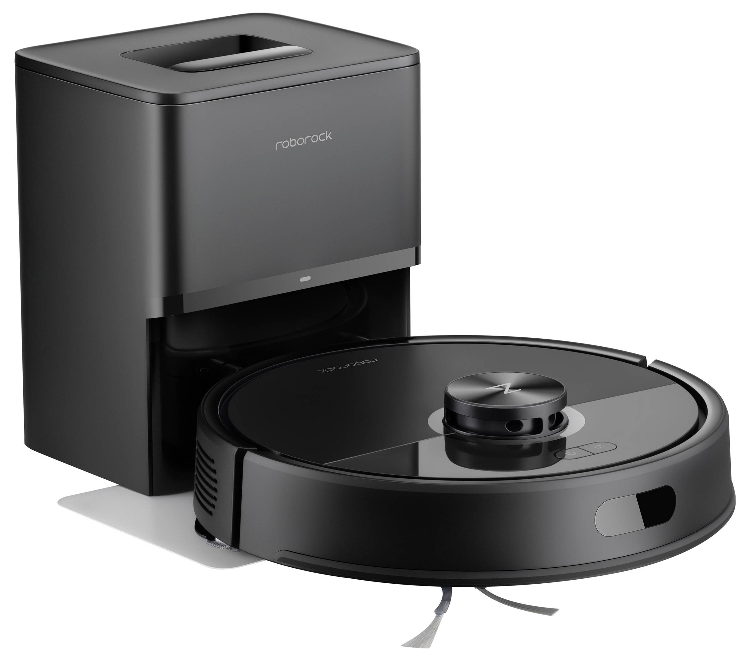Roboterstaubsauger und Ladestation mit schlankem schwarzem Design, frontseitigen Sensoren und Bürste zur automatisierten Hausreinigung.