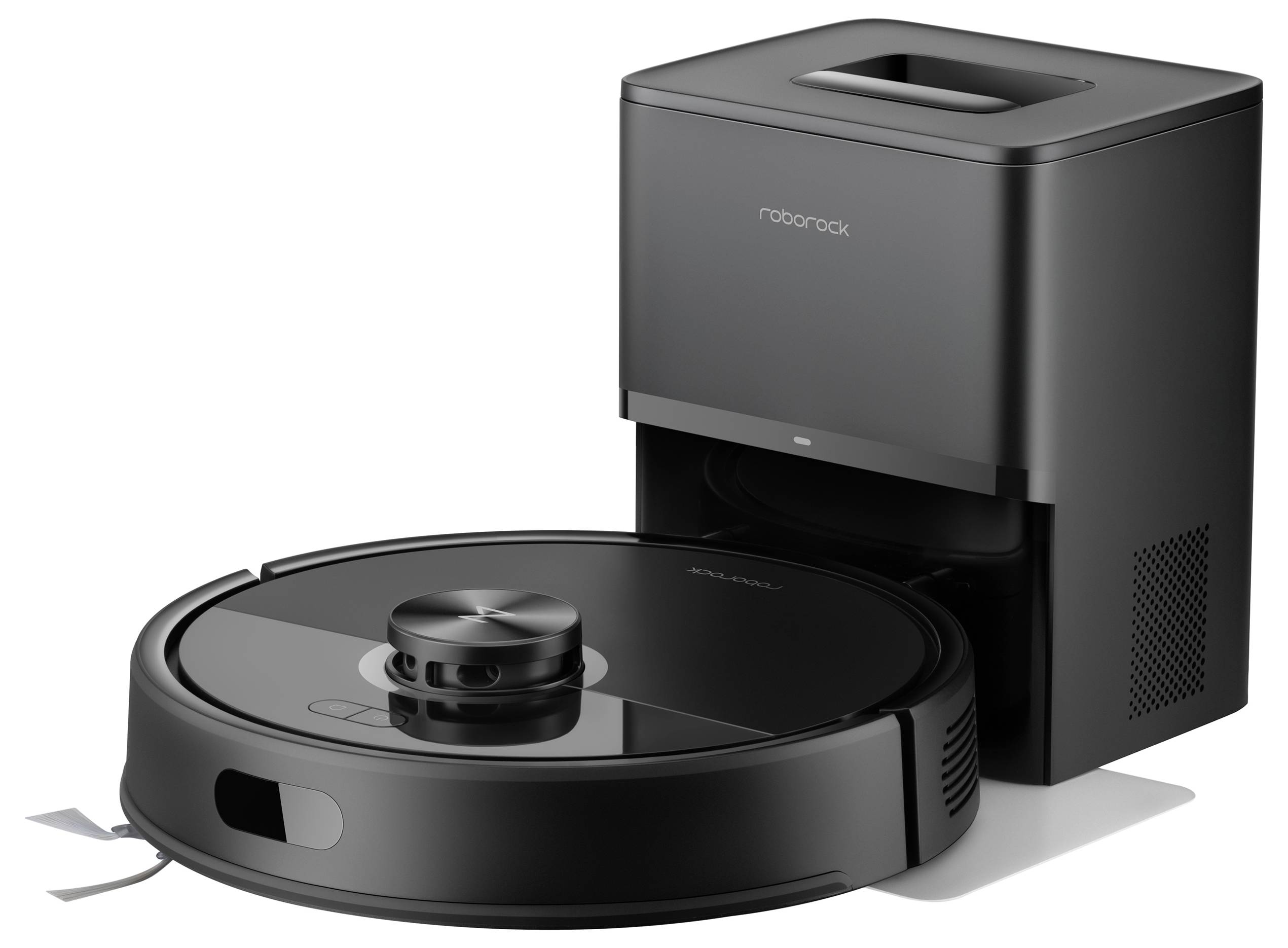 Ein schlanker, schwarzer Staubsaugerroboter mit einer Dockingstation, der modernes Design und fortschrittliche Reinigungstechnologie für das Zuhause präsentiert.