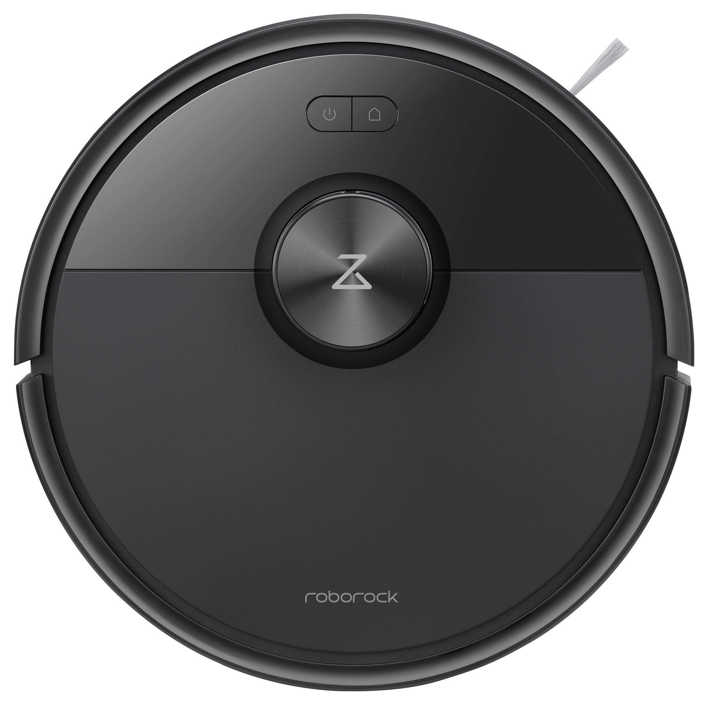 Ein schwarzer Roboterstaubsauger mit dem Roborock-Logo, von oben betrachtet, mit Tasten auf der Oberseite und einem eleganten, kreisförmigen Design.