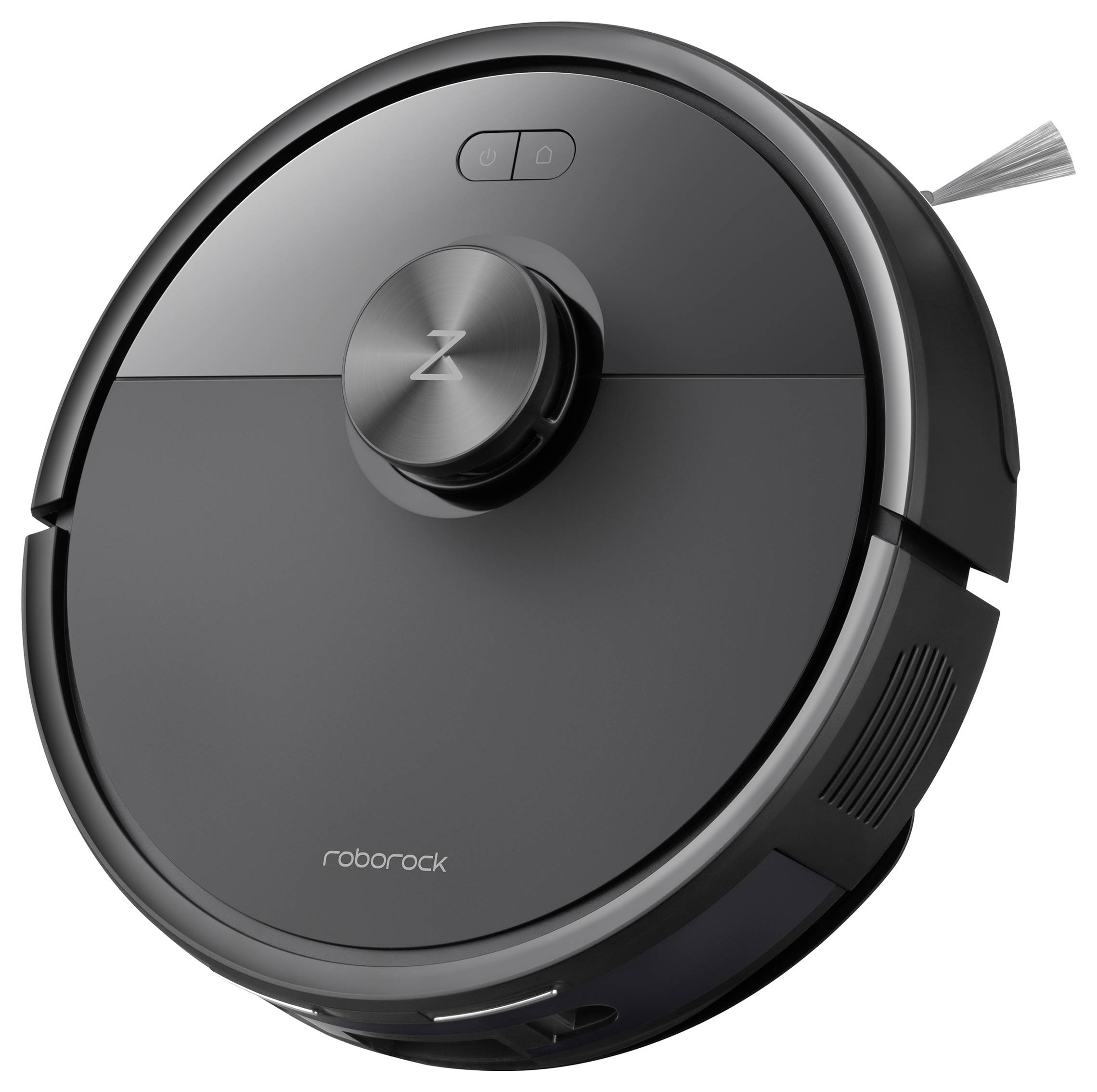 Ein schwarzer kreisförmiger Roboterstaubsauger mit einem zentralen Navigationsturm und Seitenbürsten, der ein elegantes, modernes Design aufweist.