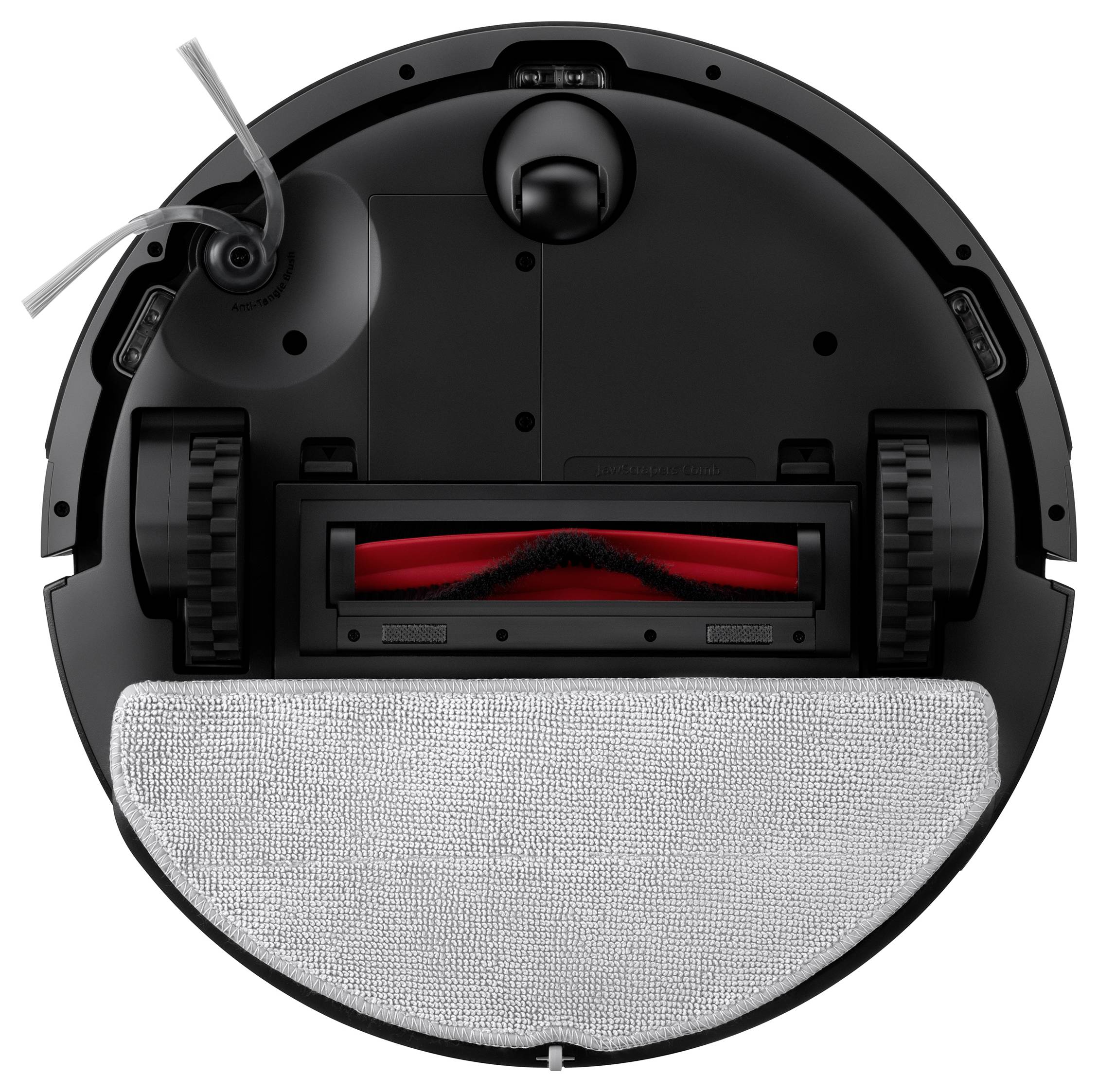 Ein runder Staubsaugerroboter von unten betrachtet, mit sichtbarem Bürstensystem, Rädern und Reinigungspad.