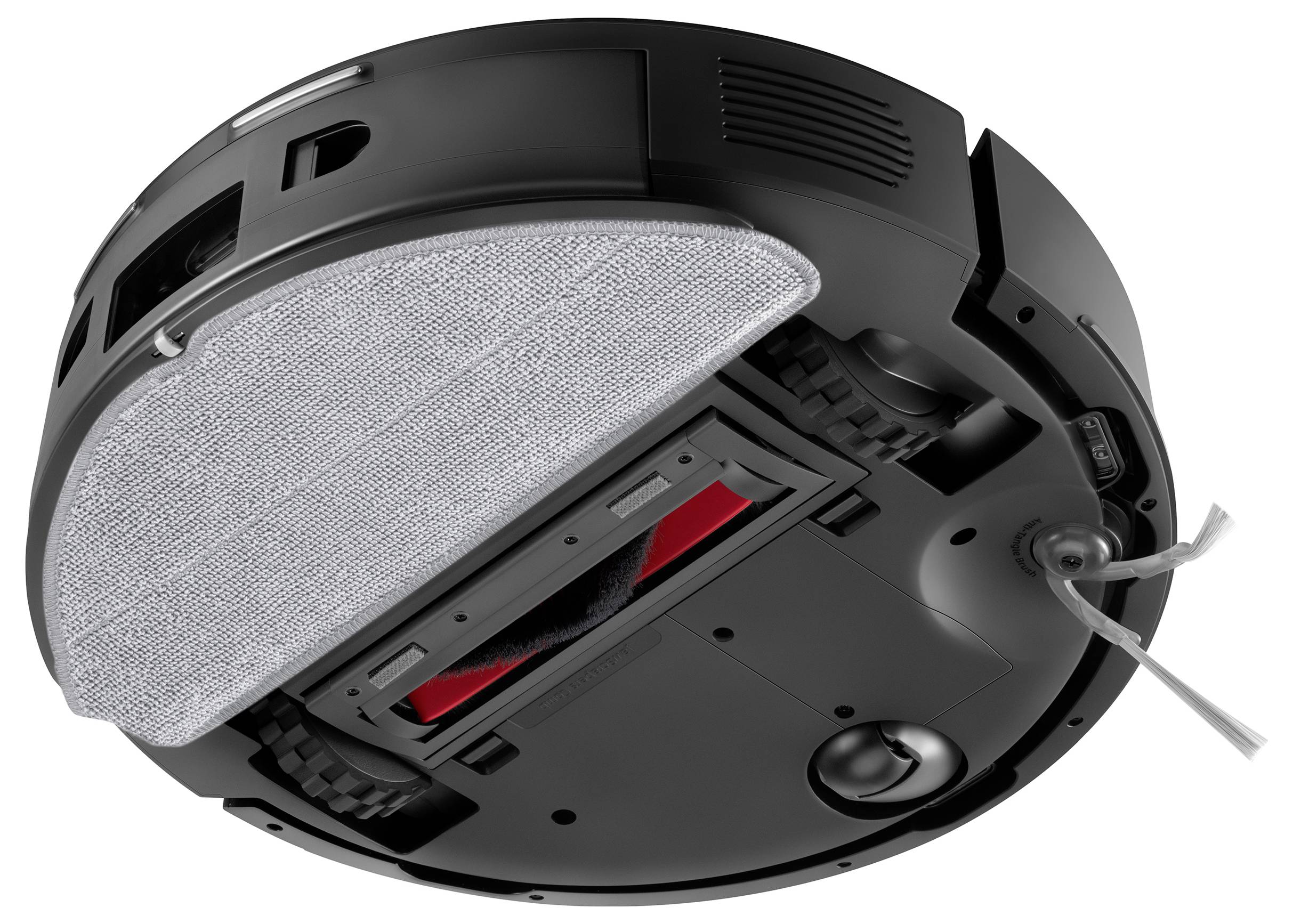 Die Unterseite eines Roboterstaubsaugers zeigt Bürsten, Räder und Sensoren, die seinen Reinigungsmechanismus und seine Designmerkmale hervorheben.