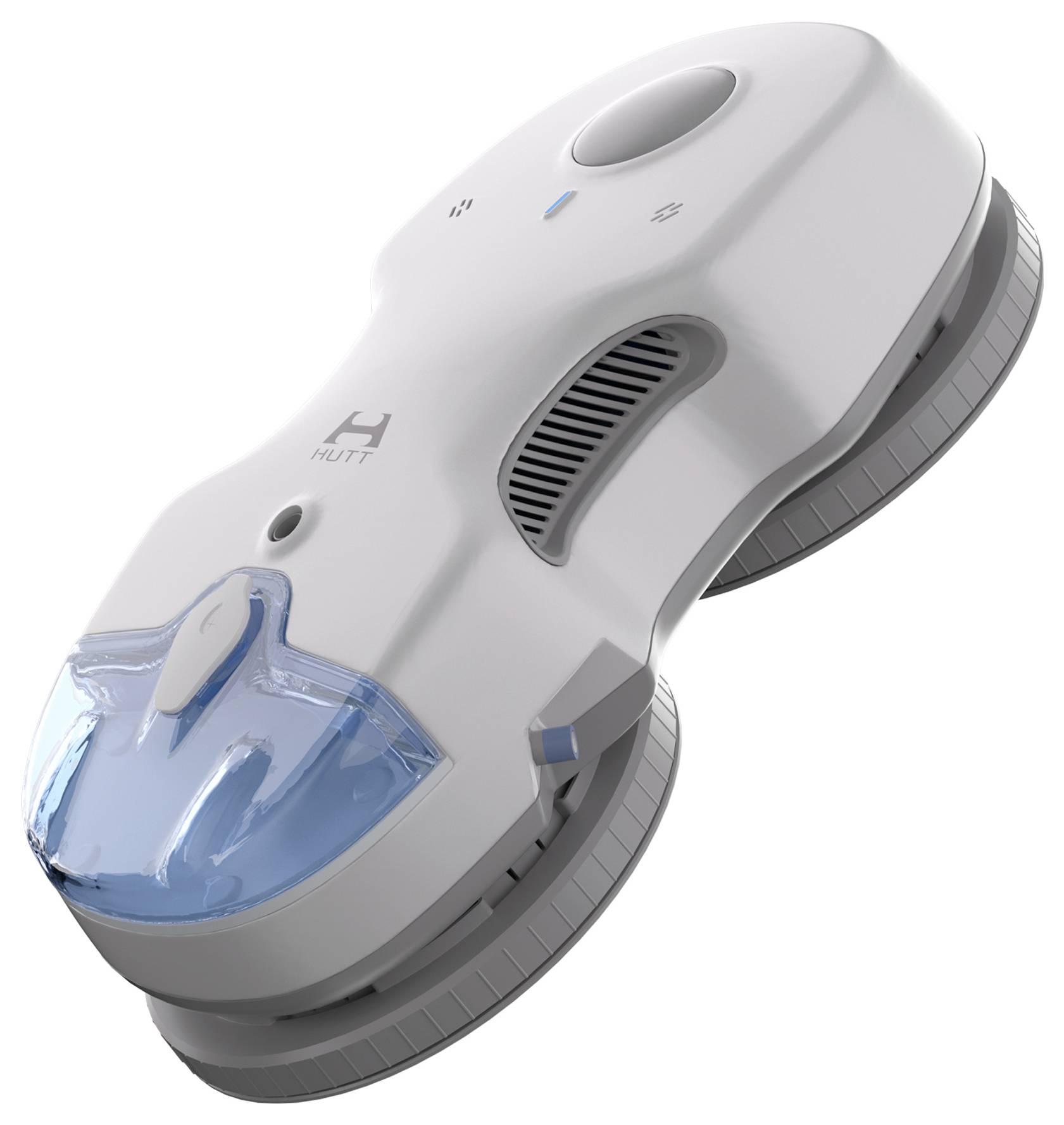 Ein eleganter, weißer Roboter zur Fensterreinigung mit einem blauen Wassertank, entwickelt für die automatisierte Oberflächenreinigung.