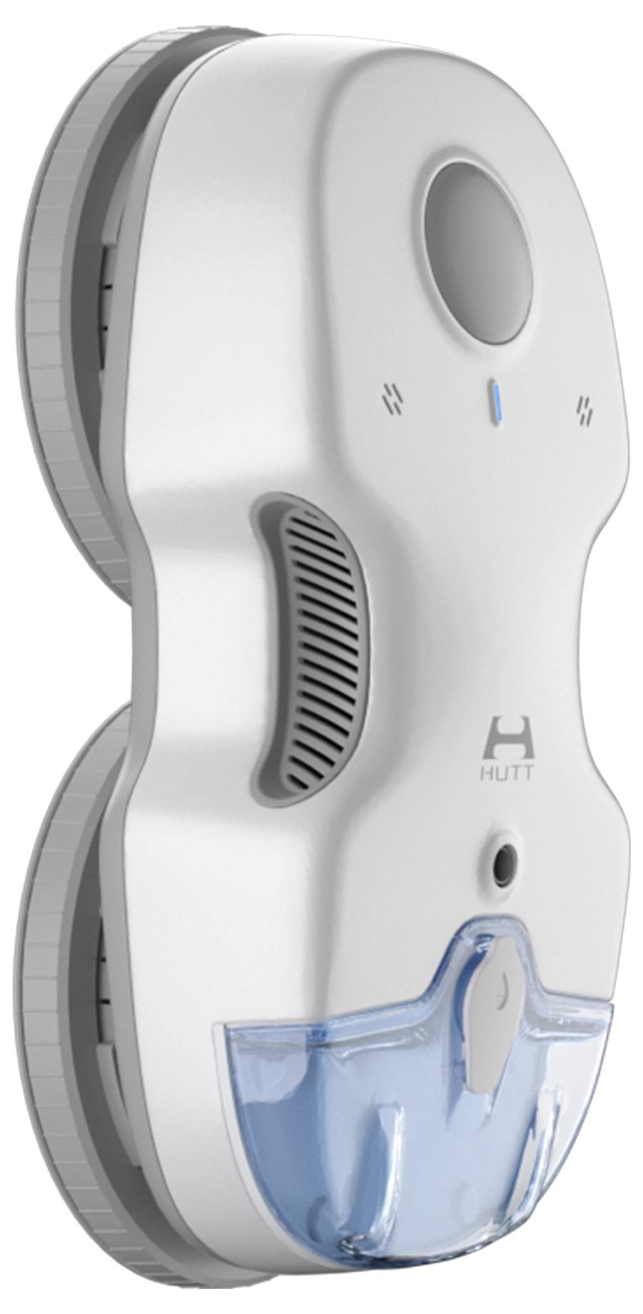 Ein weißer Hutt-Fensterreinigungsroboter mit Doppelrädern und einem blauen Wassertank, entwickelt für die automatische Reinigung von Glasoberflächen.