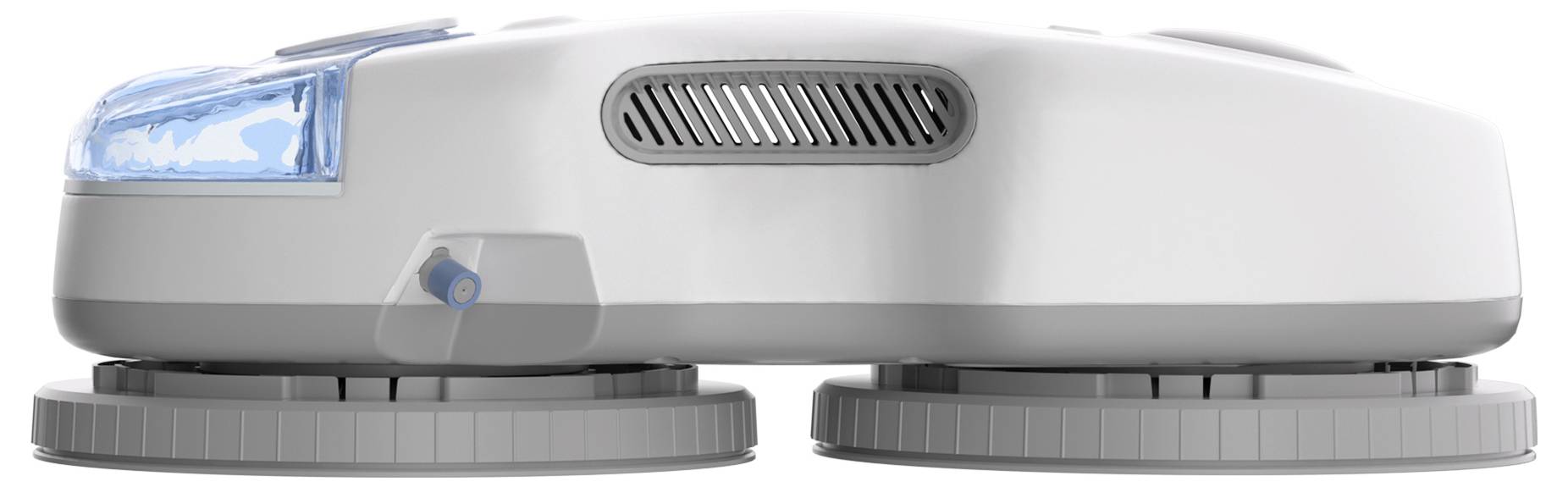 Ein weißer, kompakter Reinigungsroboter mit doppelten rotierenden Pads von der Seite betrachtet, mit einem blauen Licht, konzipiert zum Reinigen von Oberflächen.