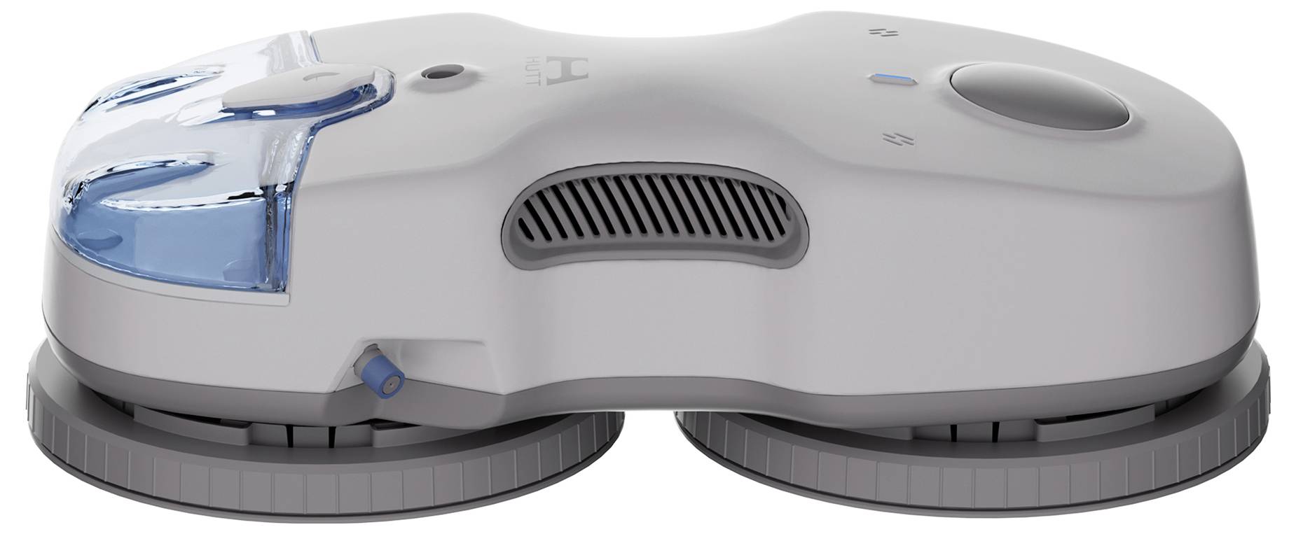 Weißer Roboter-Fensterreiniger mit doppelten rotierenden Pads und Wassertank, entwickelt für die automatisierte Reinigung von Glastflächen.