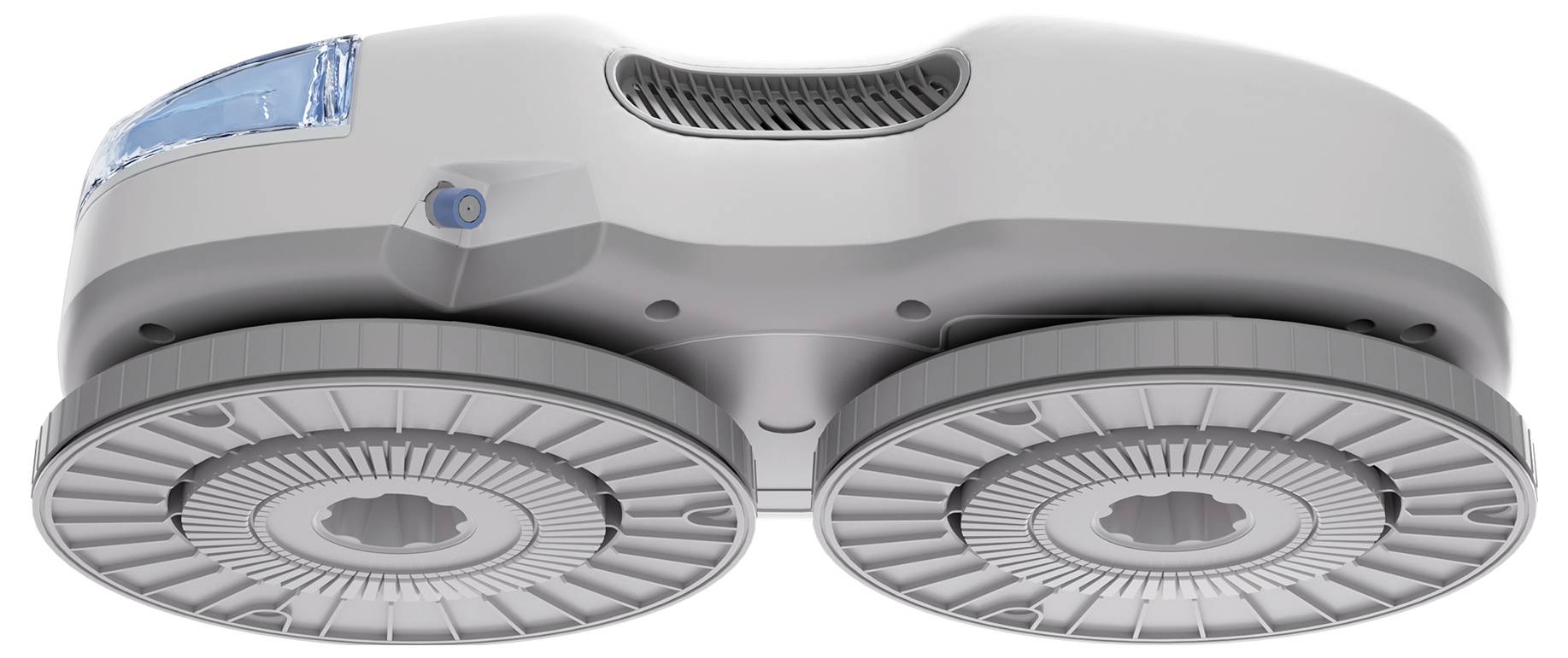 Ein Roboterstaubsauger mit doppelten rotierenden Bürsten auf der Unterseite, entwickelt zur effizienten Bodenreinigung.