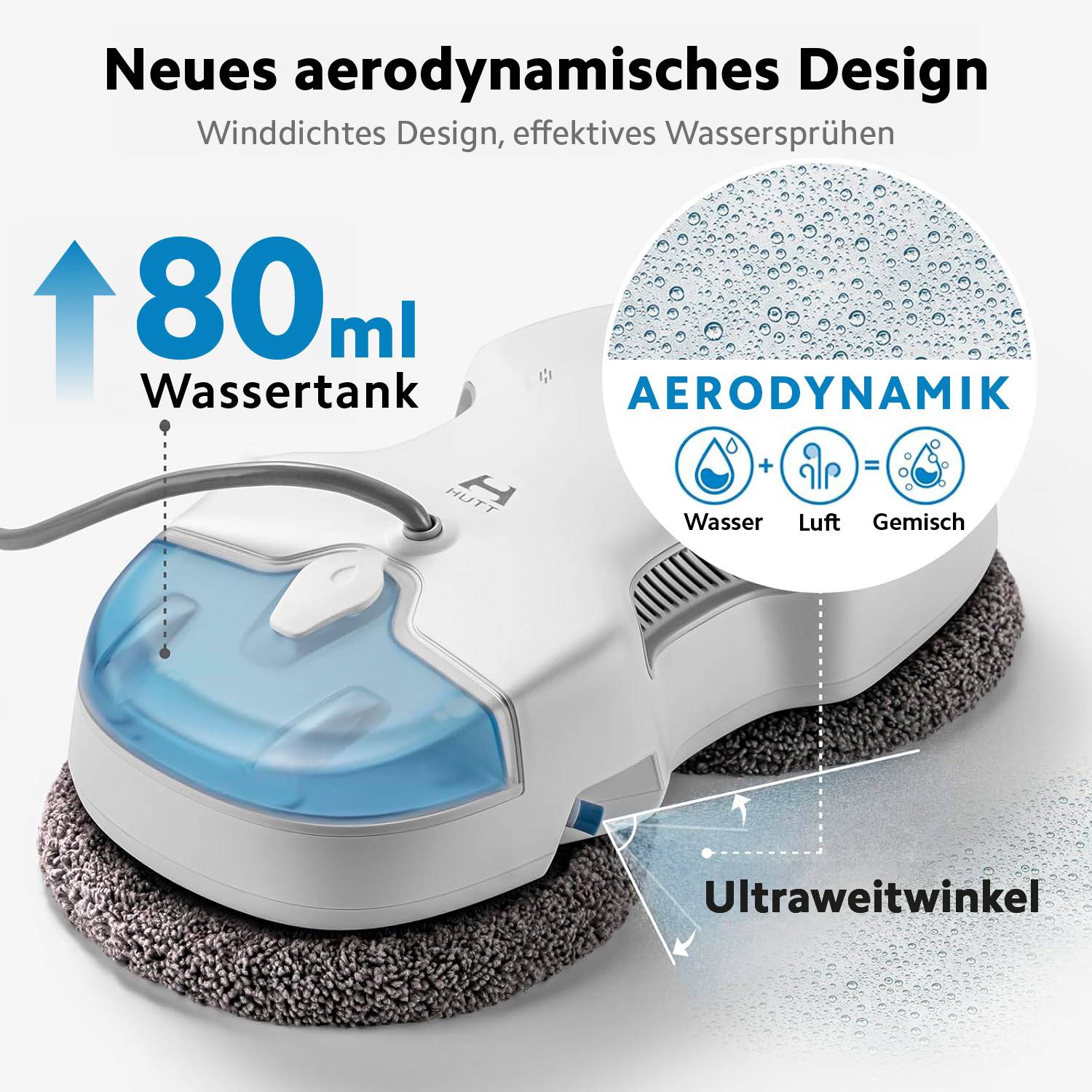 'Neues aerodynamisches Design', ein weißes Reinigungsgerät mit einem blauen Wassertank und einer Sprechblase, die Aerodynamik illustriert: Wasser, Luft, Gemisch.