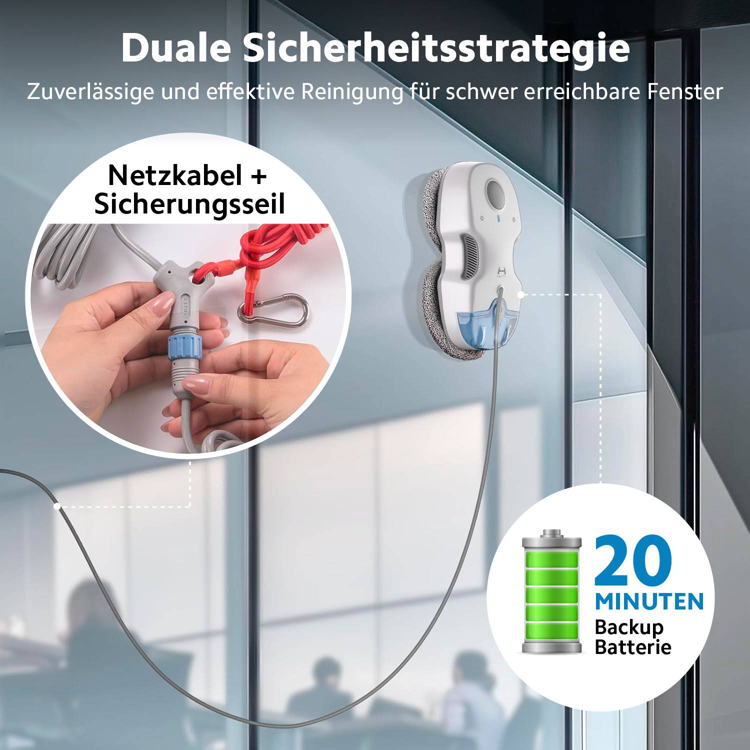 Robotischer Fensterreiniger an einem hohen Fenster angebracht, der eine doppelte Sicherheitsstrategie mit Netzkabel und Sicherungsseil zeigt. Beinhaltet eine 20-Minuten-Backup-Batterie.