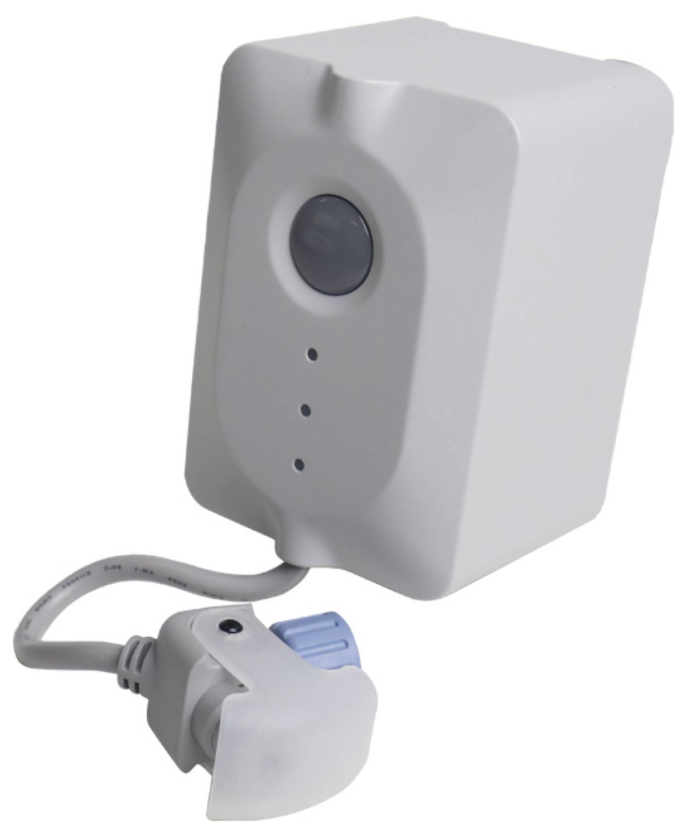 Ein weißes Bewegungsmeldergerät mit angeschlossenem Kabel und Stecker, das einen kreisförmigen Sensor und drei kleine Kontrollleuchten auf der Vorderseite aufweist.