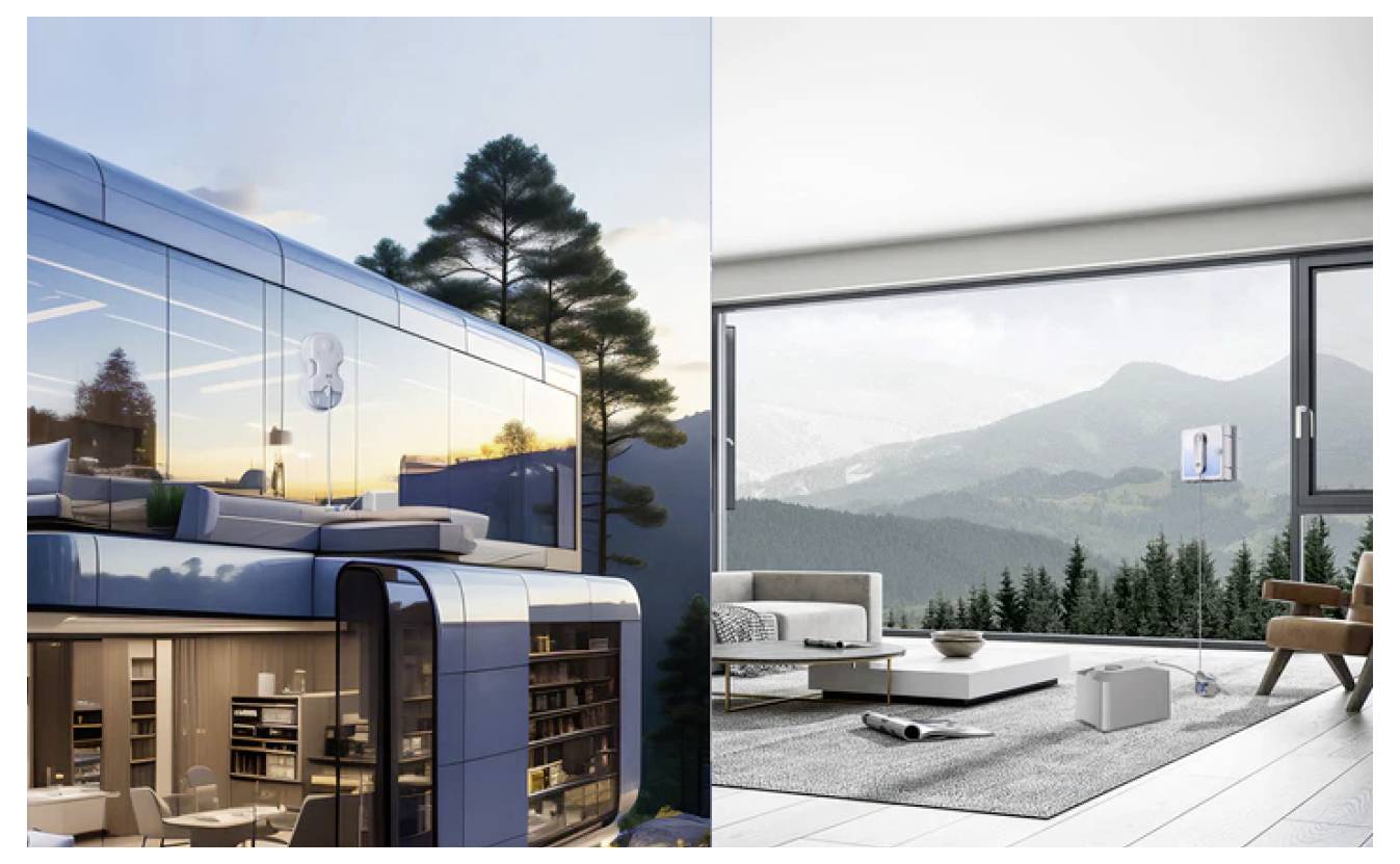 Futuristisches Glashaus in Waldumgebung, zeigt Außenansicht mit Bäumen auf der linken Seite und modernes Wohnzimmer mit Bergblick auf der rechten Seite.