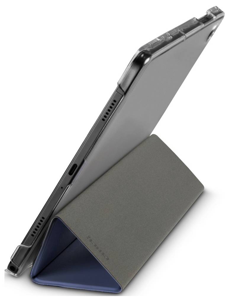 Schlanke Schutzhülle mit faltbarem Umschlag, der ein Tablet in aufrechter Position in einem Winkel hält.