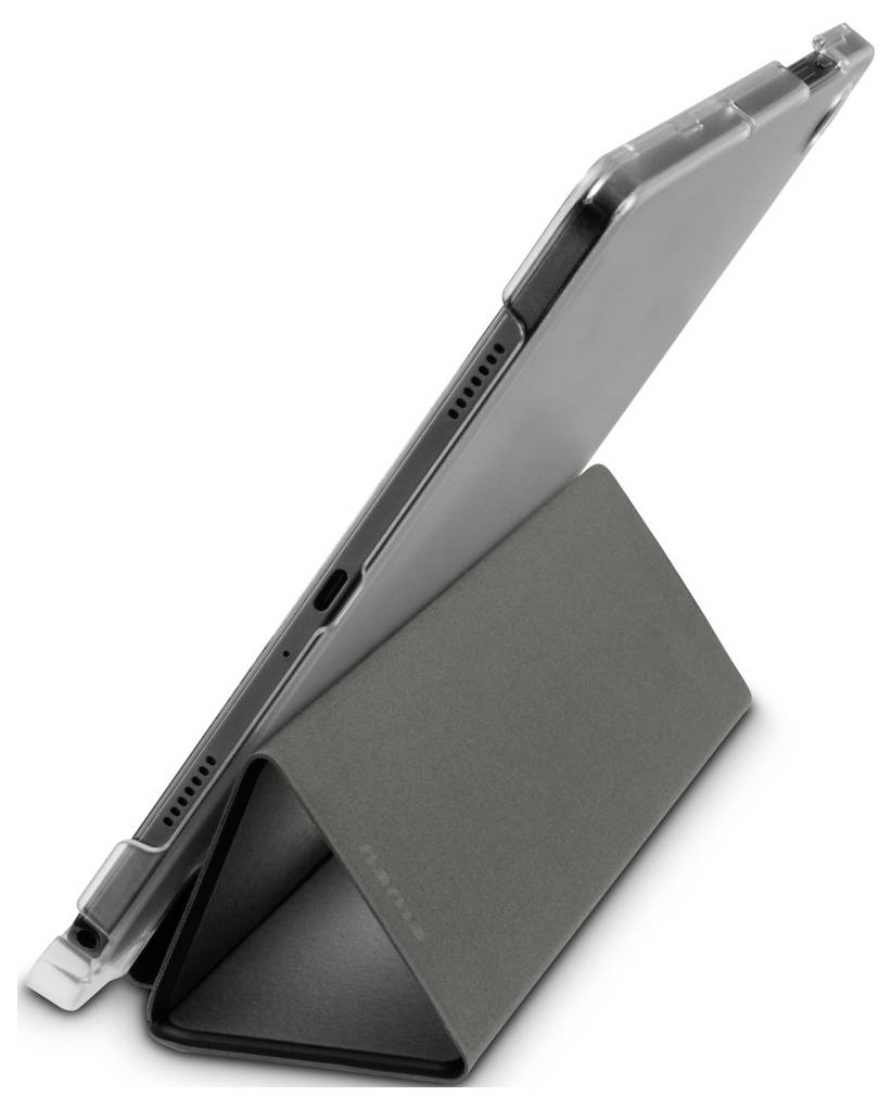 Ein Tablet, das auf einer dreieckigen, faltbaren Schutzhülle steht, zeigt eine Seitenansicht, die den Falz und das Design der Hülle in den Fokus rückt.