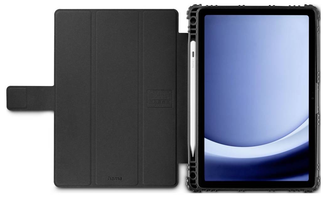 Ein schwarzes Tablet-Case, vertikal angezeigt, das seine Kompatibilität mit einem 11-Zoll-Tablet hervorhebt.