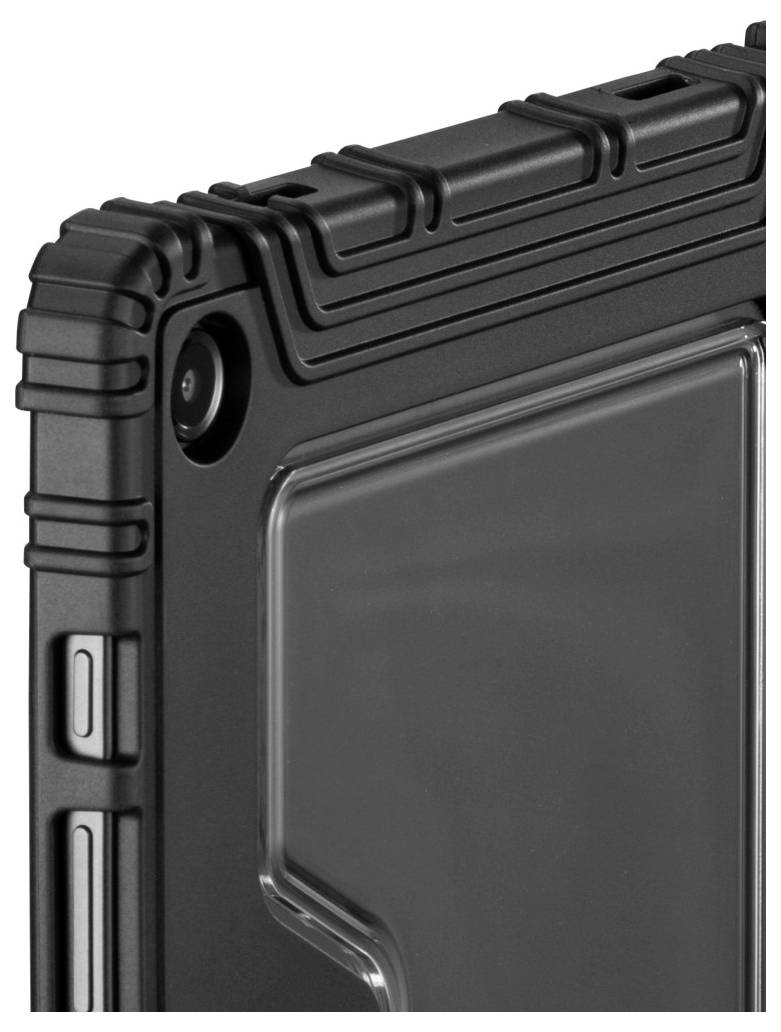 Ein robustes schwarzes Handyhülle mit verstärkten Kanten und einem transparenten Rückpanel, mit einer Seitentaste und einer Kameraaussparung.